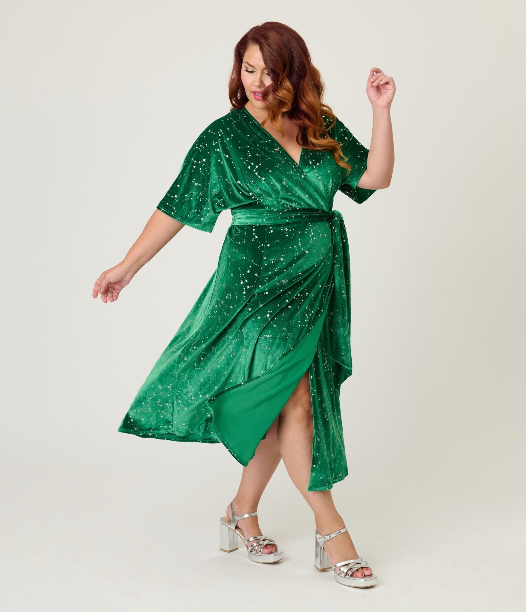 Unique Vintage Plus Size Green & Silver Stars Velvet Wrap Midi Dress