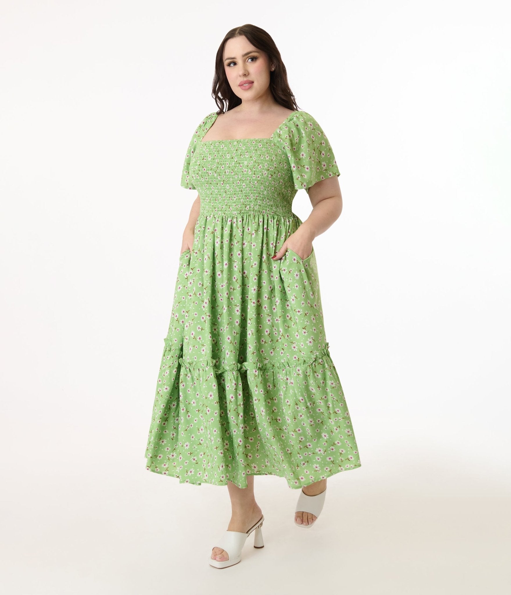 Unique Vintage Plus Size Green & White Ditsy Floral Smocked Bodice Midi Dress - Unique Vintage - Womens, DRESSES, MIDI
