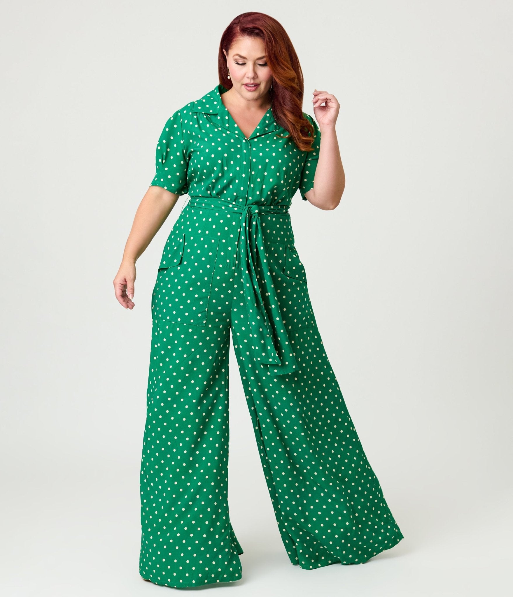 Unique Vintage Plus Size Green & White Dot Flare Jumpsuit
