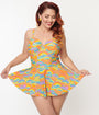 Unique Vintage Plus Size Happy Groovy Rainbows Skirted One Piece Swimsuit