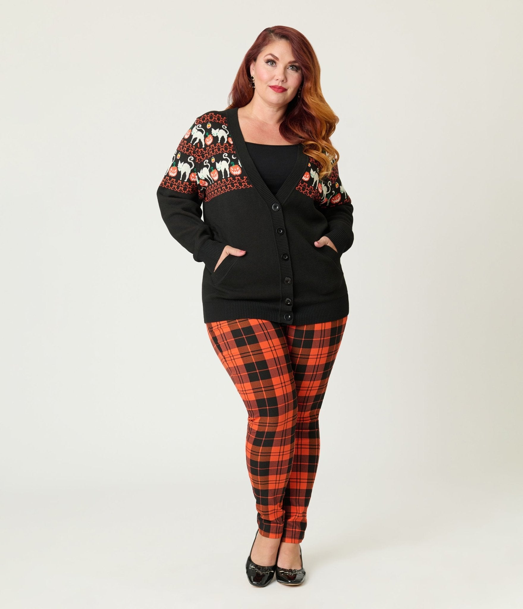 Unique Vintage Plus Size Jack - O - Lantern Cat Fair Isle Button Cardigan - Unique Vintage - Womens, TOPS, SWEATERS