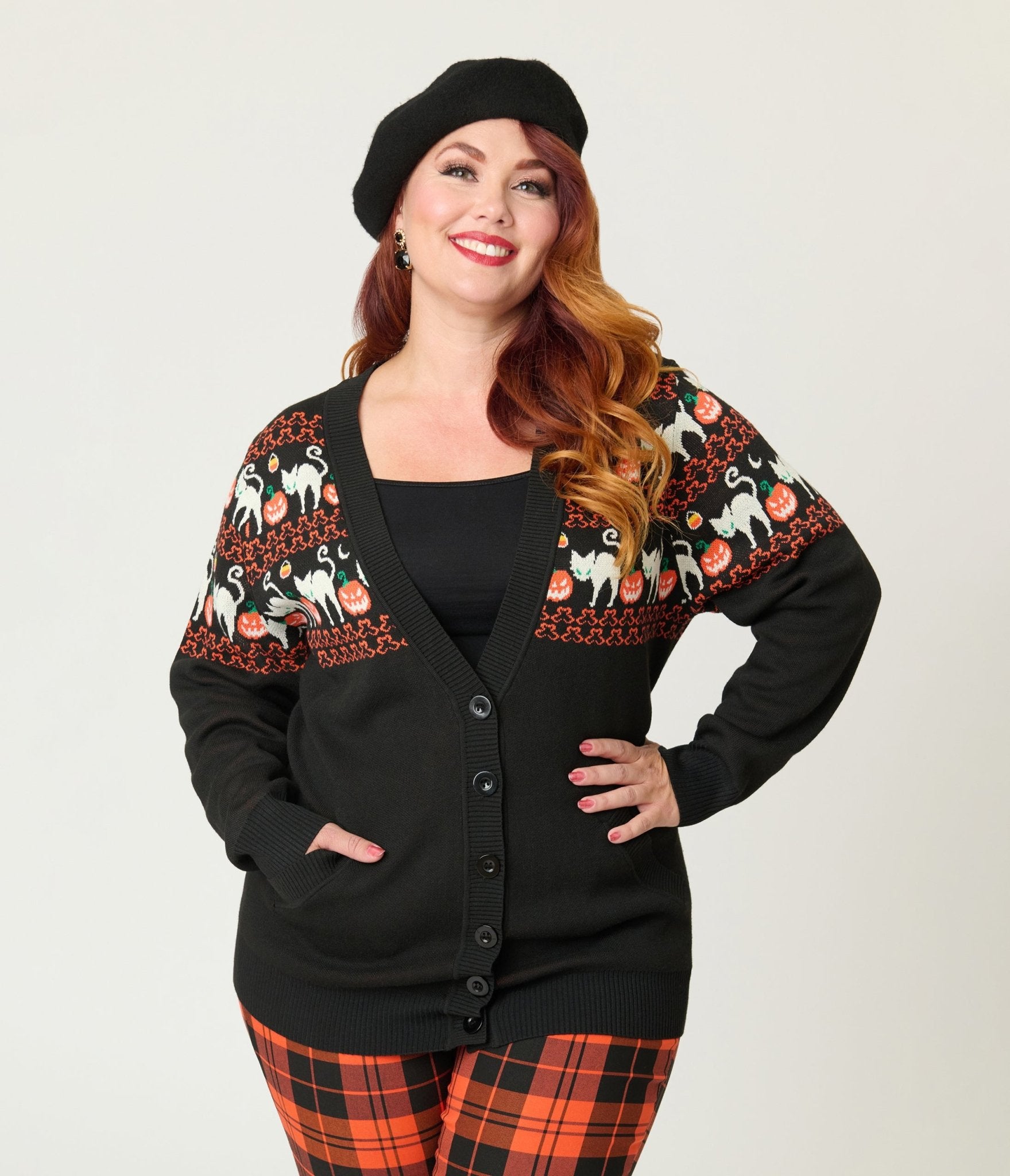 Unique Vintage Plus Size Jack - O - Lantern Cat Fair Isle Button Cardigan - Unique Vintage - Womens, TOPS, SWEATERS