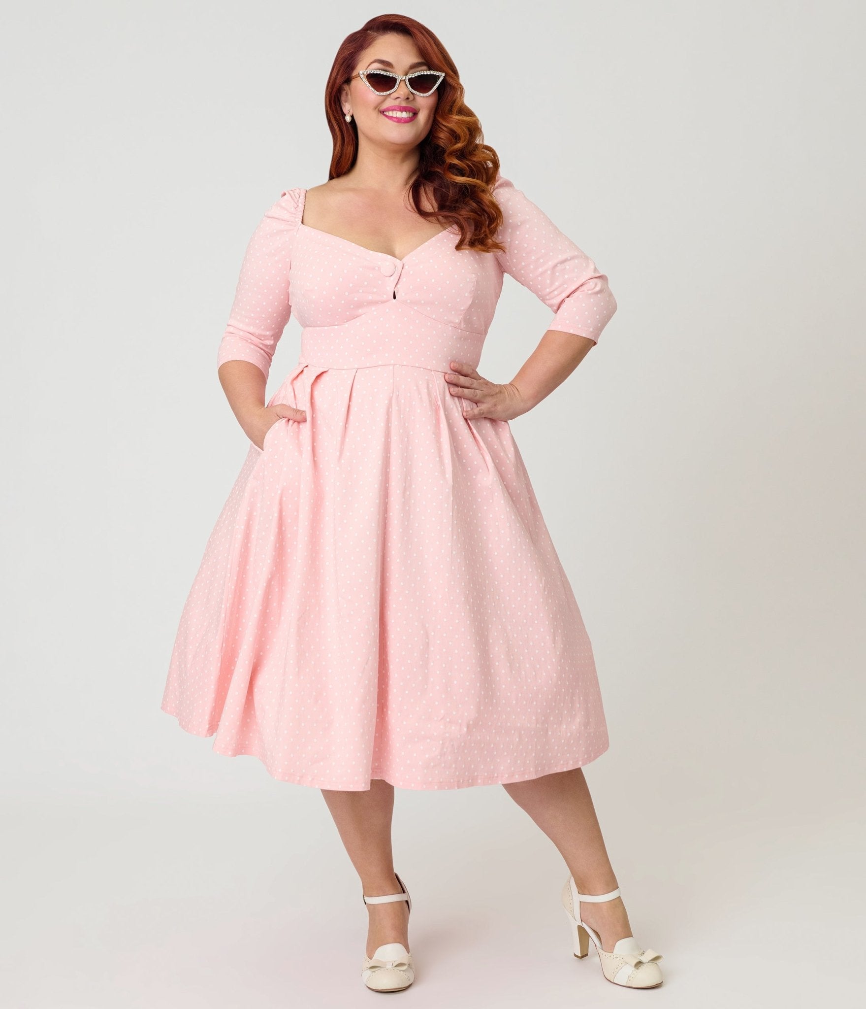 Unique Vintage Plus Size Light Pink Pin Dot Lamar Swing Dress