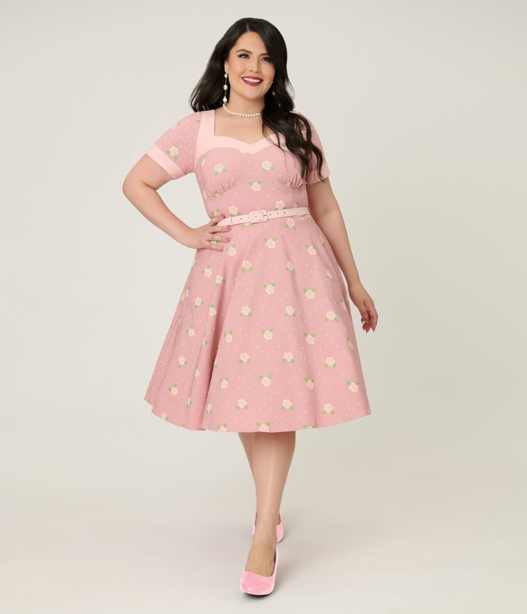 Unique Vintage Plus Size Light Pink & Roses Swing Dress Unique Vintage Plus Size Light Pink & Roses Swing Dress
