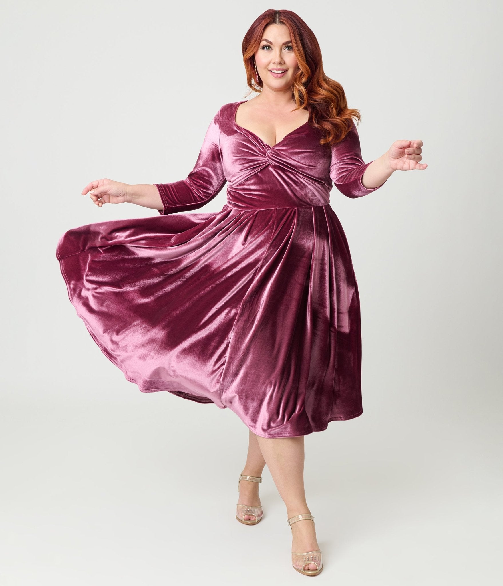 Unique Vintage Plus Size Mauve Velvet Front Twist Swing Dress Unique Vintage Plus Size Mauve Velvet Front Twist Swing Dress