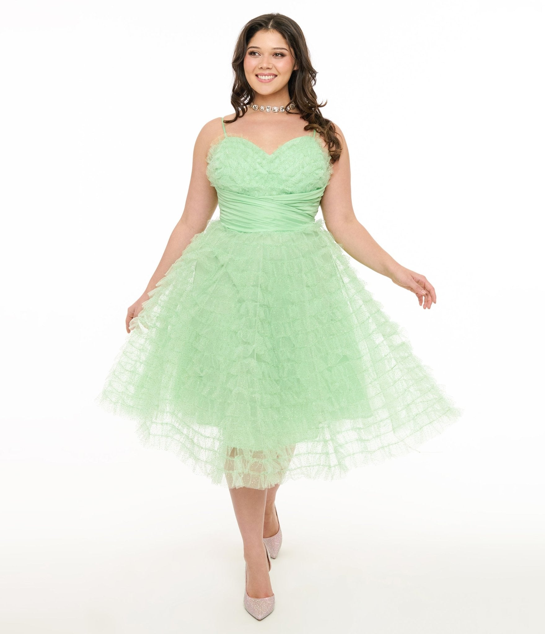 Unique Vintage Plus Size Mint Green Glitter Tulle Cupcake Swing Dress