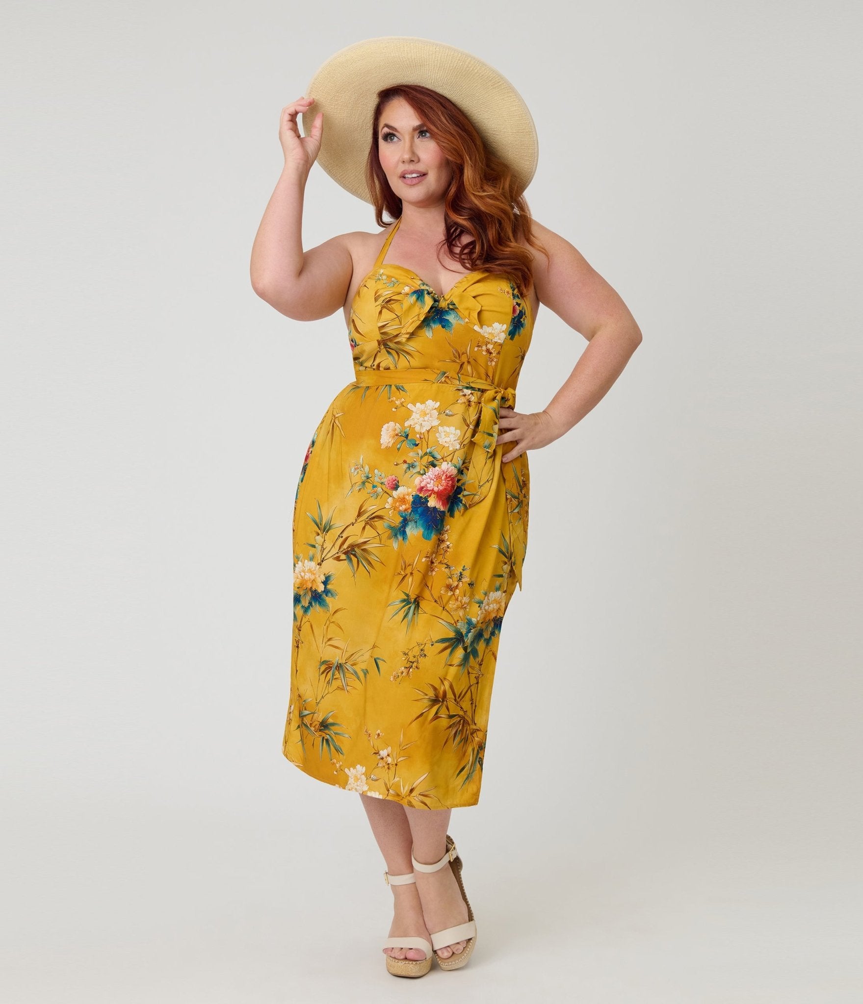 mustard yellow dress floral Unique Vintage Plus Size Mustard Floral Leilani Sarong Dress