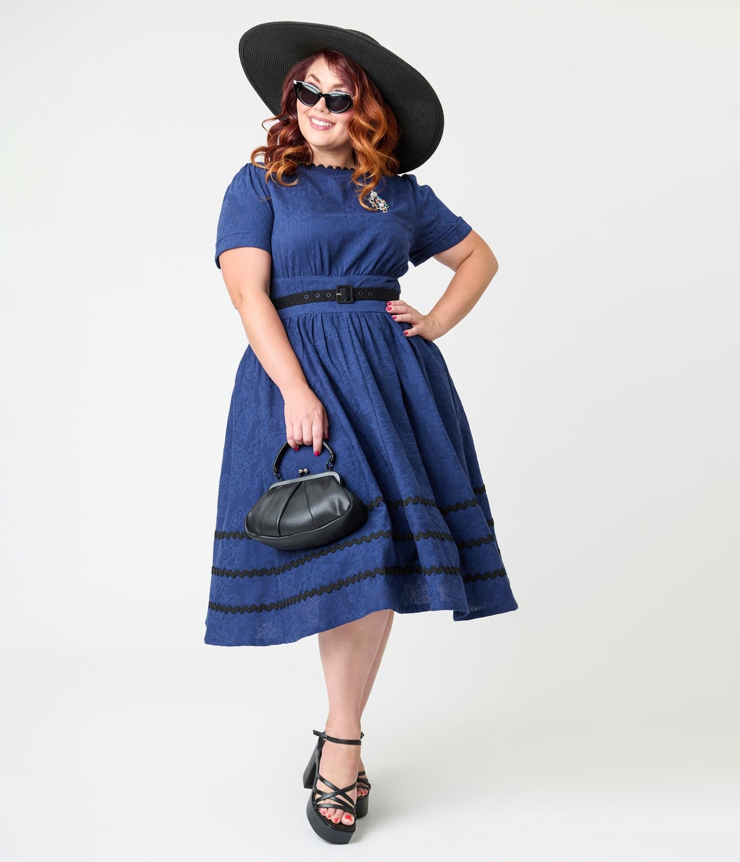 Unique Vintage Plus Size Navy & Black Peacock Cotton Swing Dress - Unique Vintage - Womens, DRESSES, SWING