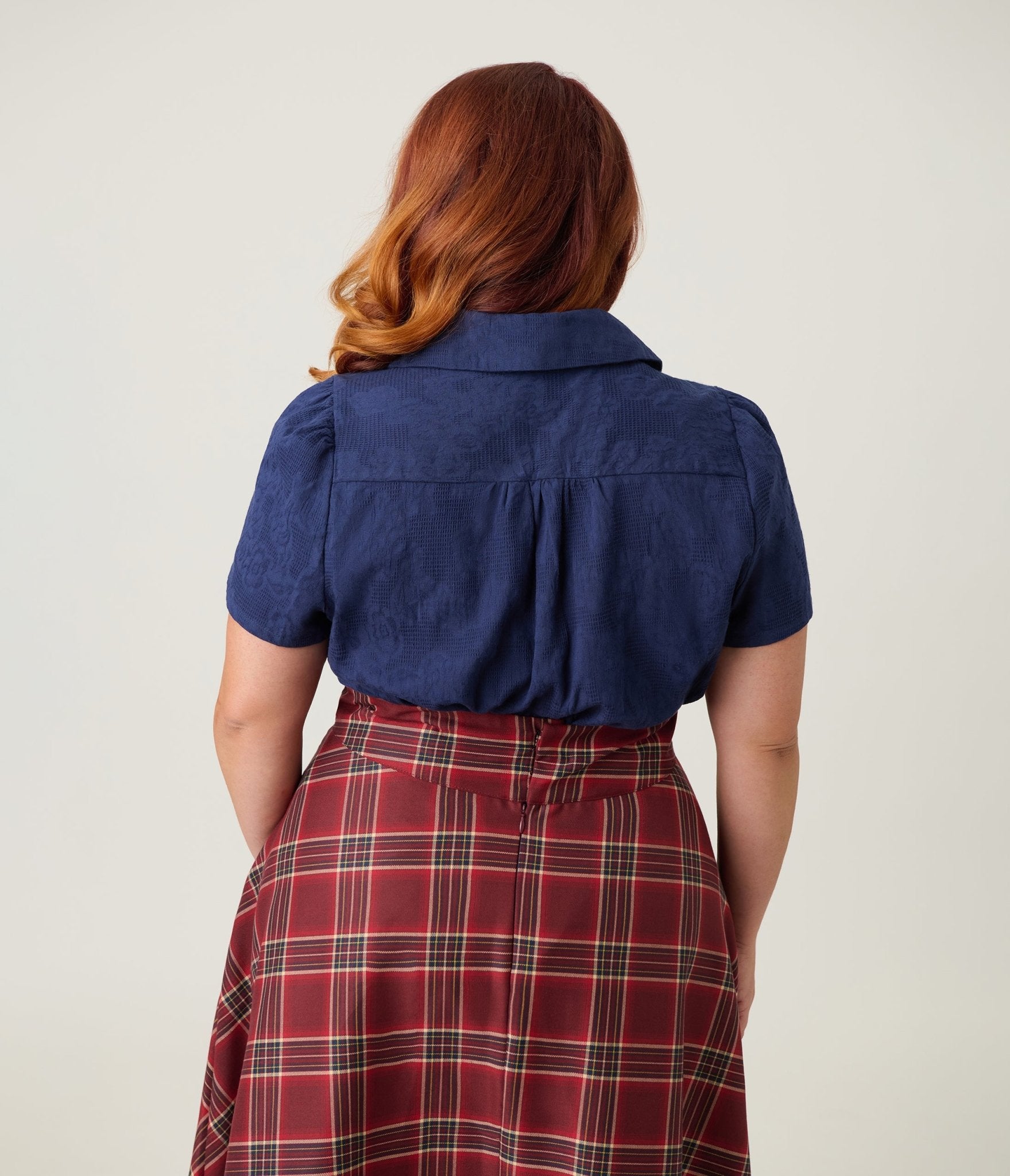 Unique Vintage Plus Size Navy Jacquard Notched Collar Cotton Blouse - Unique Vintage - Womens, TOPS, WOVEN TOPS