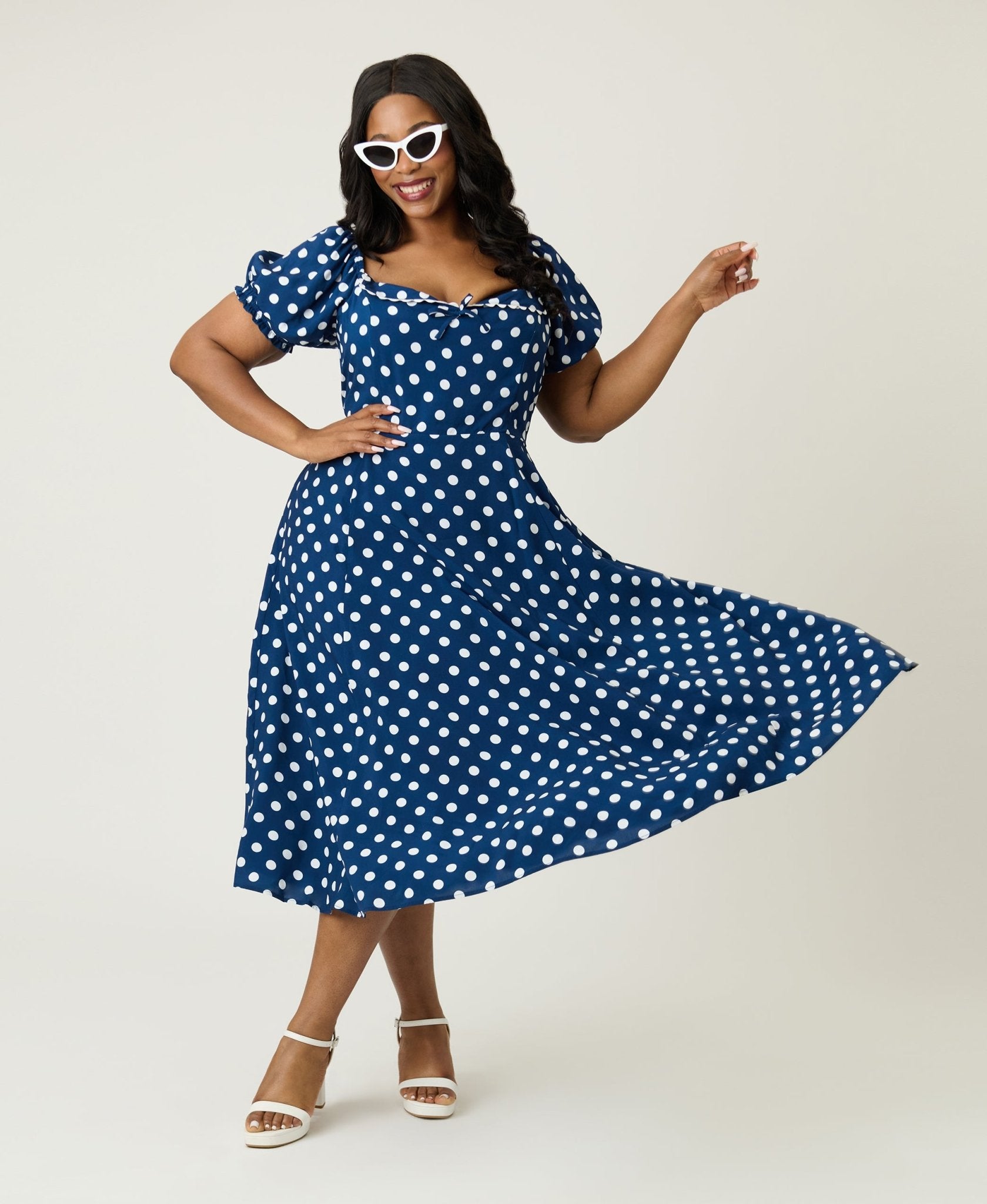 polka dot ladies dresses self-portrait - Cream Cotton Midi Dress seam pockets Vintage Polka Dot Square Neck