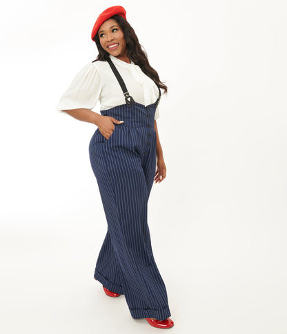 Unique Vintage Plus Size Navy & White Pinstripe Thelma Suspender Pants - Unique Vintage - Womens, BOTTOMS, PANTS