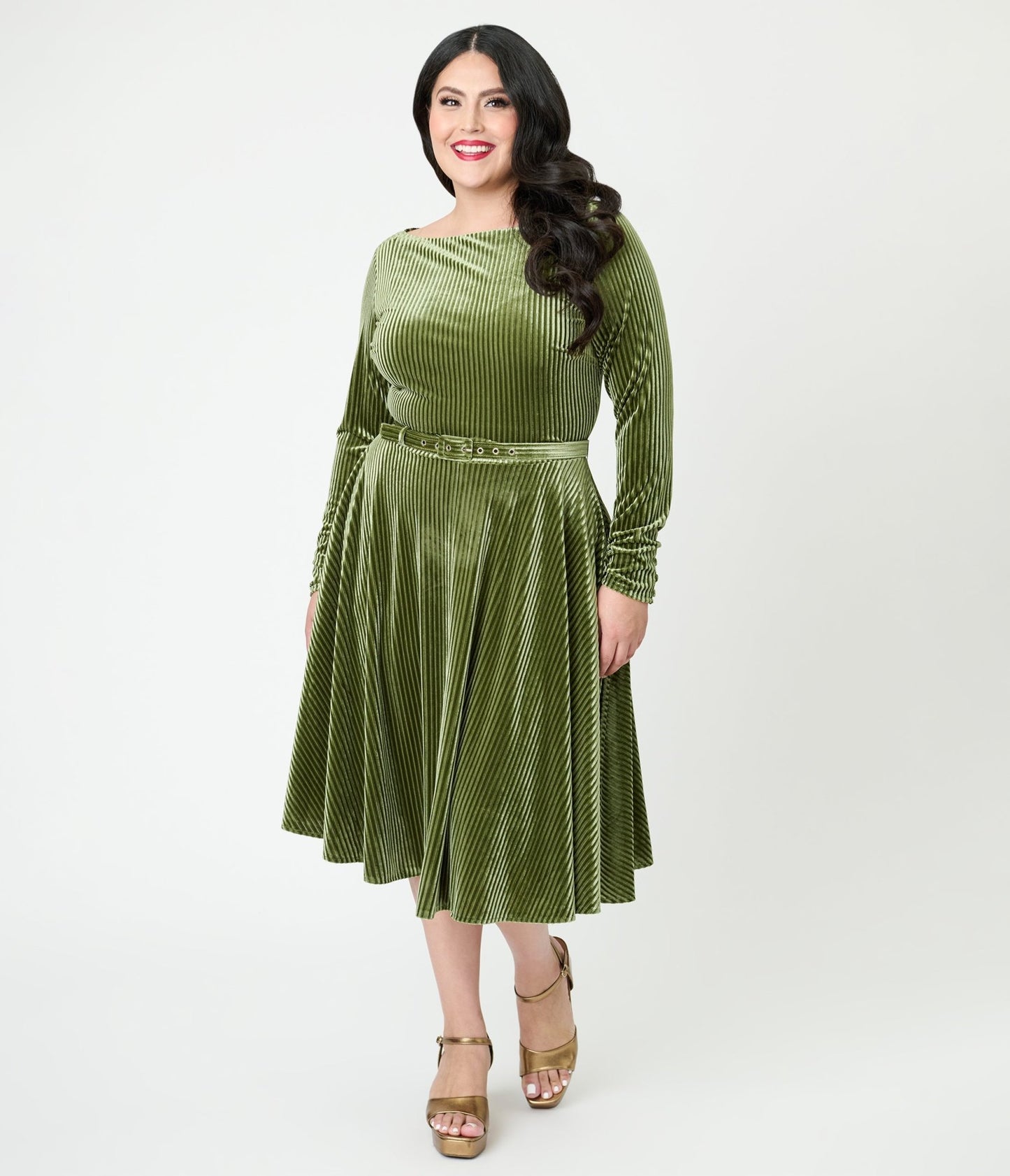 Unique Vintage Plus Size Olive Green Long Sleeve Devon Swing Dress - Unique Vintage - Womens, DRESSES, SWING