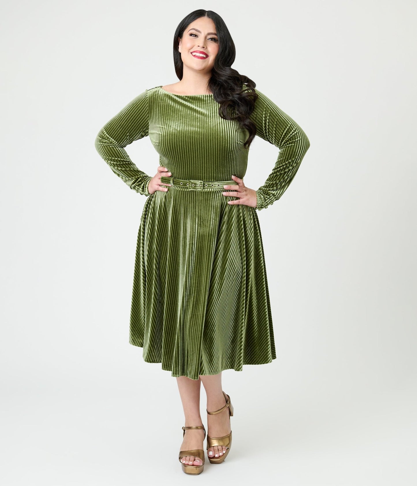 Unique Vintage Plus Size Olive Green Long Sleeve Devon Swing Dress - Unique Vintage - Womens, DRESSES, SWING