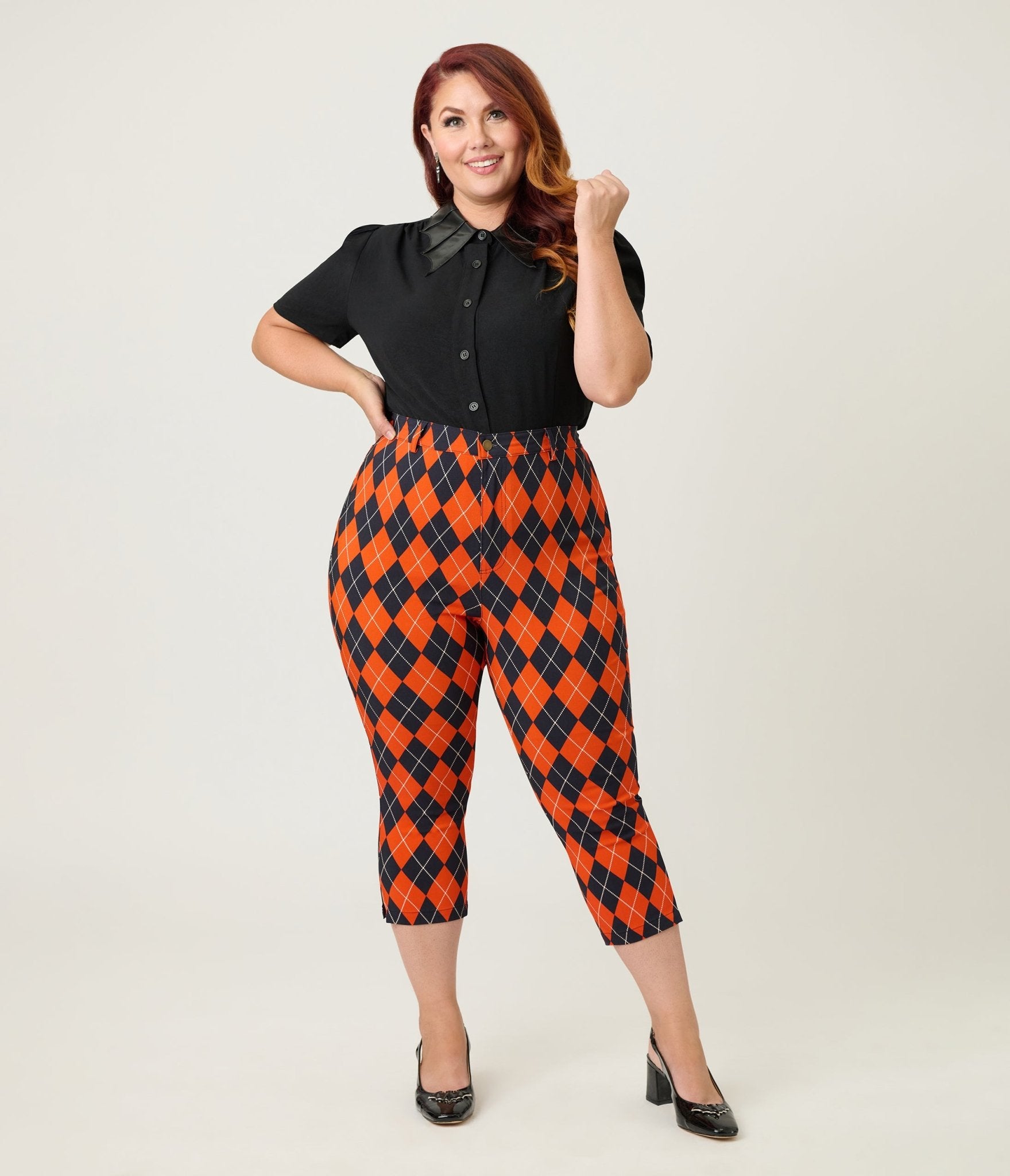 Unique Vintage Plus Size Orange Argyle Rachelle Capri Pants - Unique Vintage - Womens, BOTTOMS, PANTS