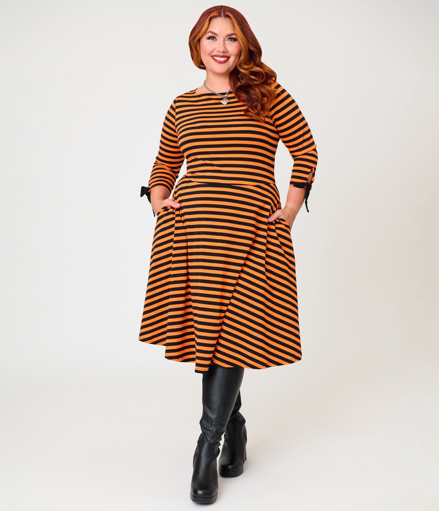 Unique Vintage Plus Size Orange & Black Stripe Knit Nikki Swing Dress