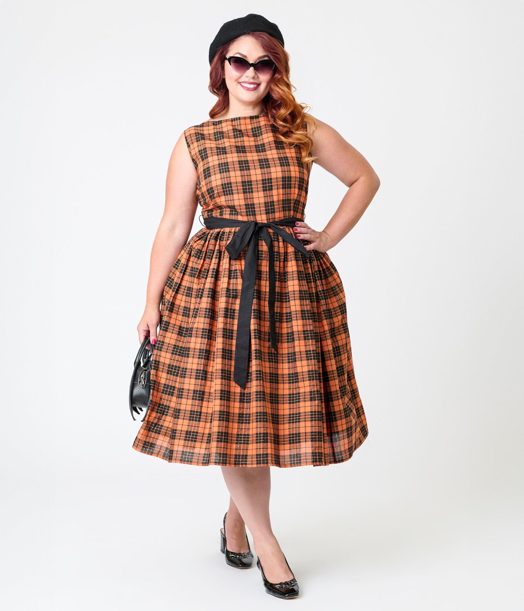 Unique Vintage Plus Size Orange Plaid Sleeveless Cotton Swing Dress Unique Vintage Plus Size Orange Plaid Sleeveless Cotton Swing Dress