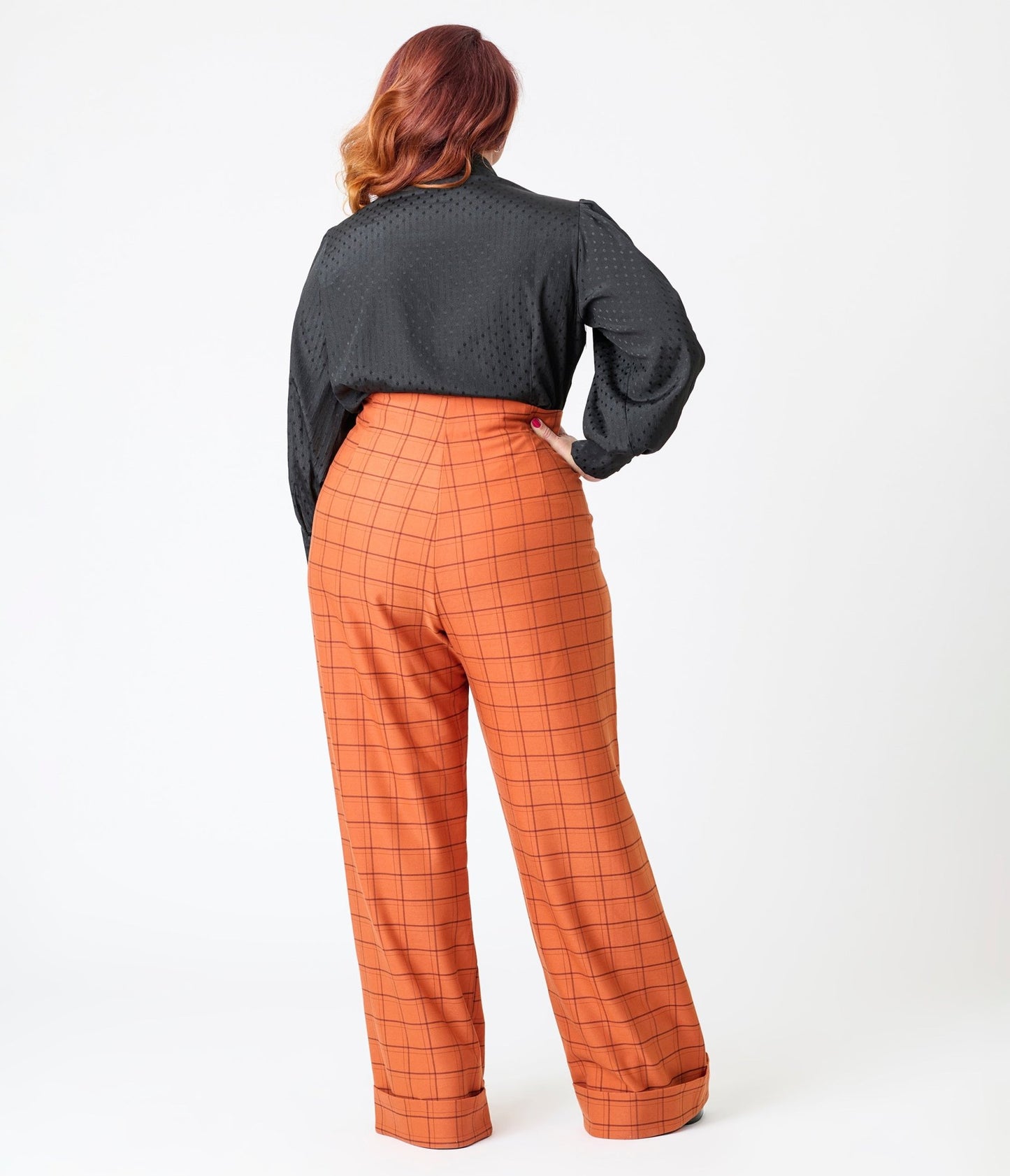 Unique Vintage Plus Size Orange Windowpane Buttoned Wide Leg Trousers - Unique Vintage - Womens, BOTTOMS, PANTS
