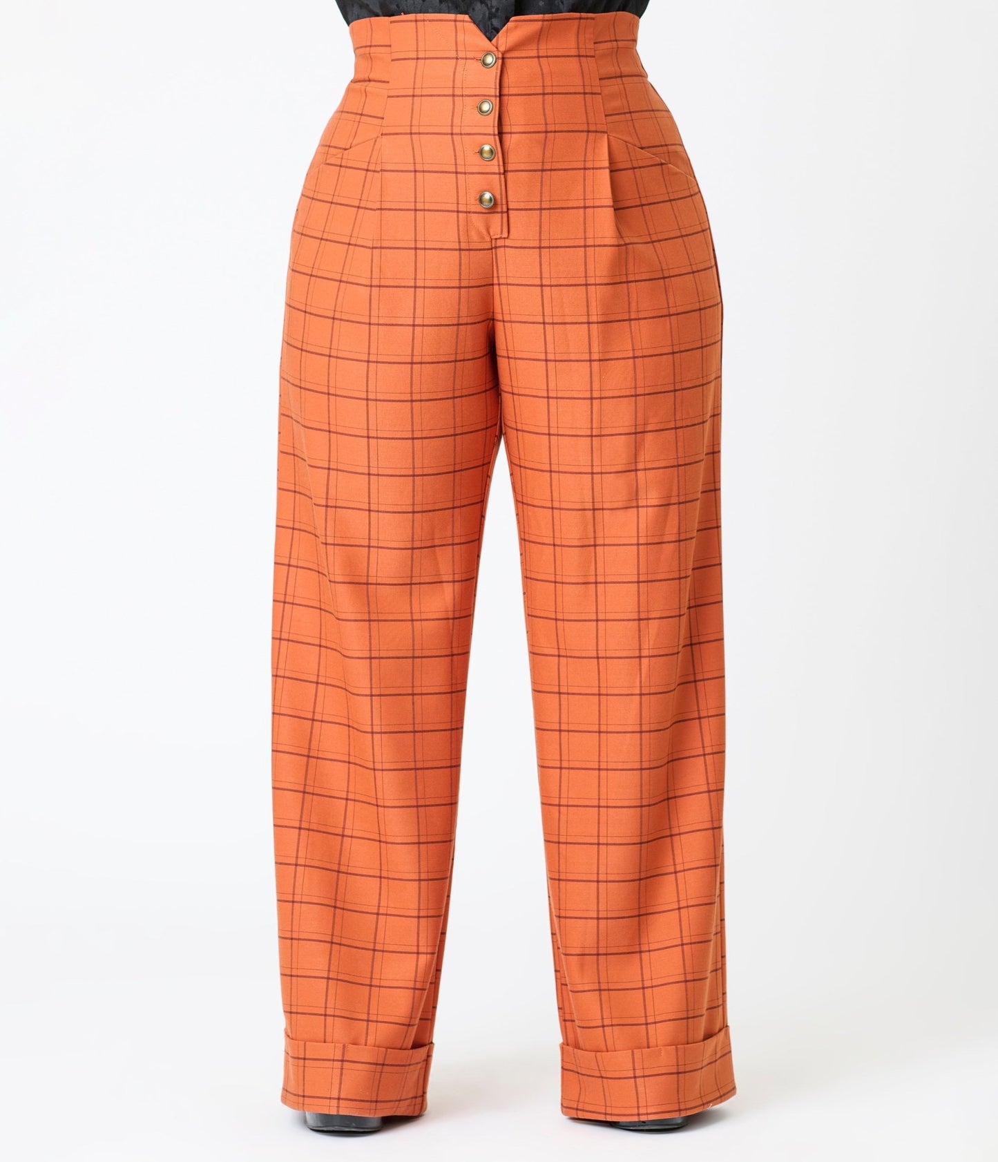 Unique Vintage Plus Size Orange Windowpane Buttoned Wide Leg Trousers - Unique Vintage - Womens, BOTTOMS, PANTS