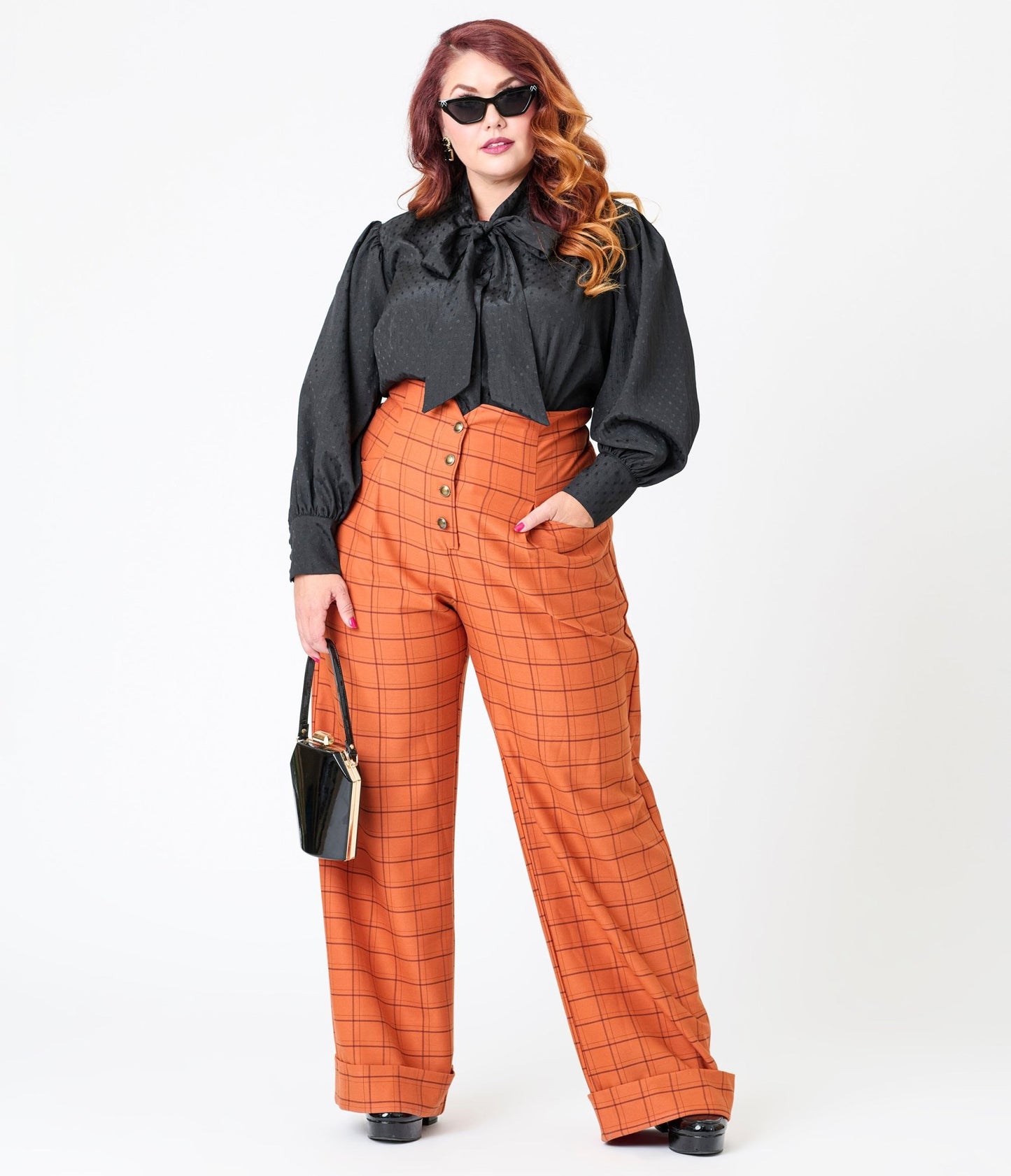 Unique Vintage Plus Size Orange Windowpane Buttoned Wide Leg Trousers - Unique Vintage - Womens, BOTTOMS, PANTS