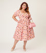 Unique Vintage Plus Size Pink Fall Treats Print Button Front Swing Dress