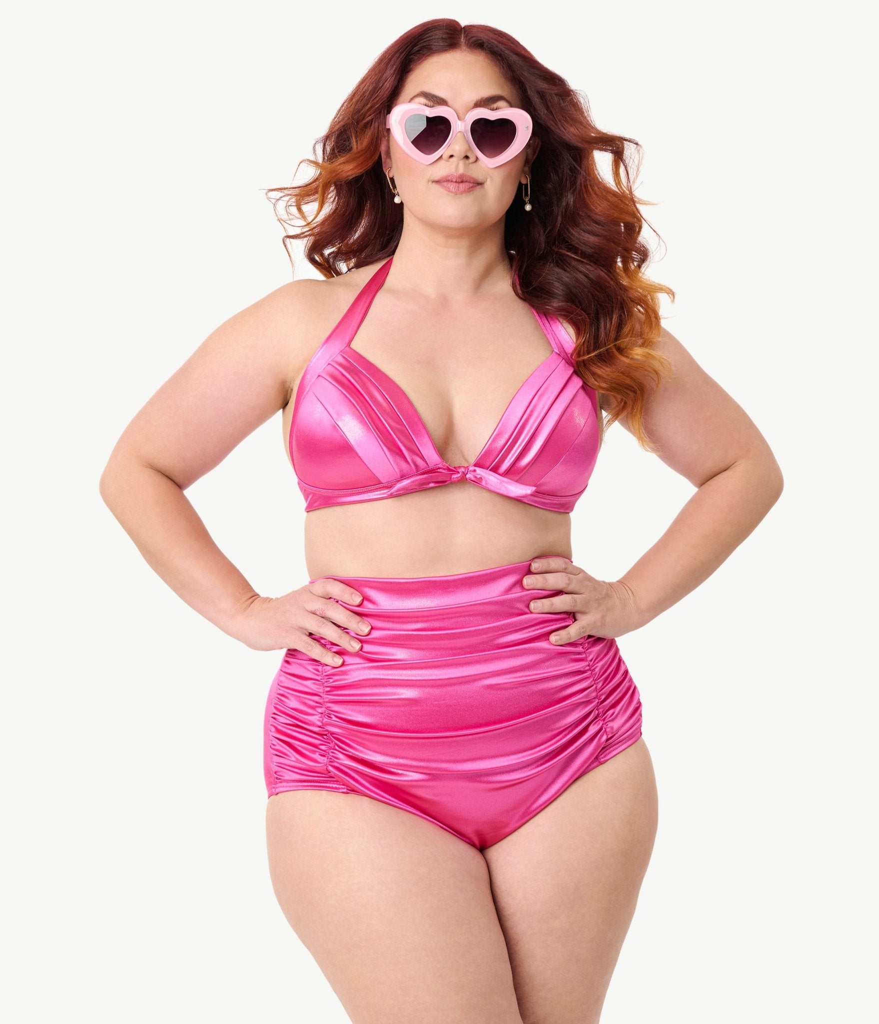 Unique Vintage Plus Size Pink Shimmer Monroe Halter Swim Top - Unique Vintage - Womens, SWIM, TOP
