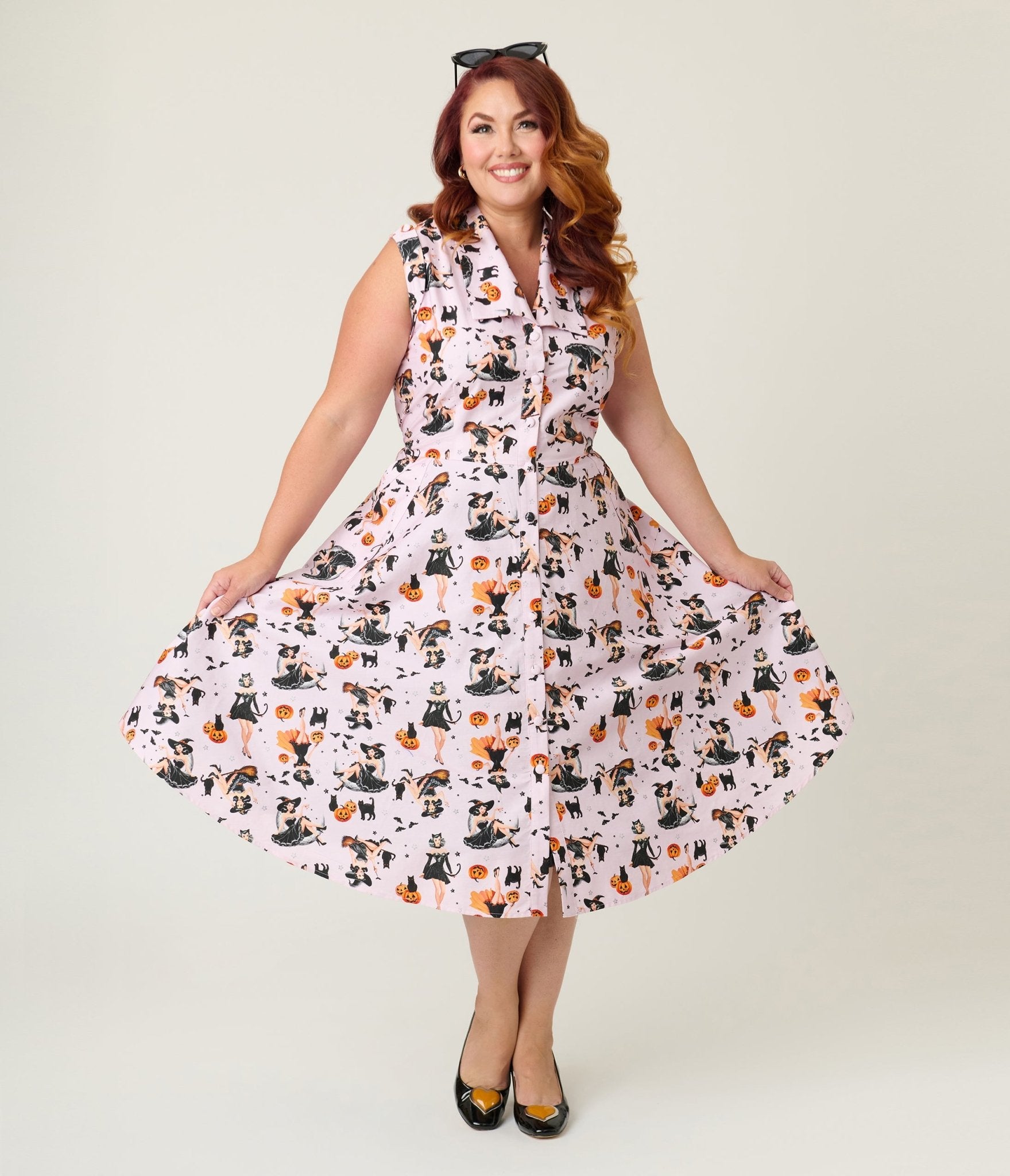 Unique Vintage Plus Size Purple Pin - Up Witch Cotton Shirt Dress - Unique Vintage - Womens, DRESSES, SWING