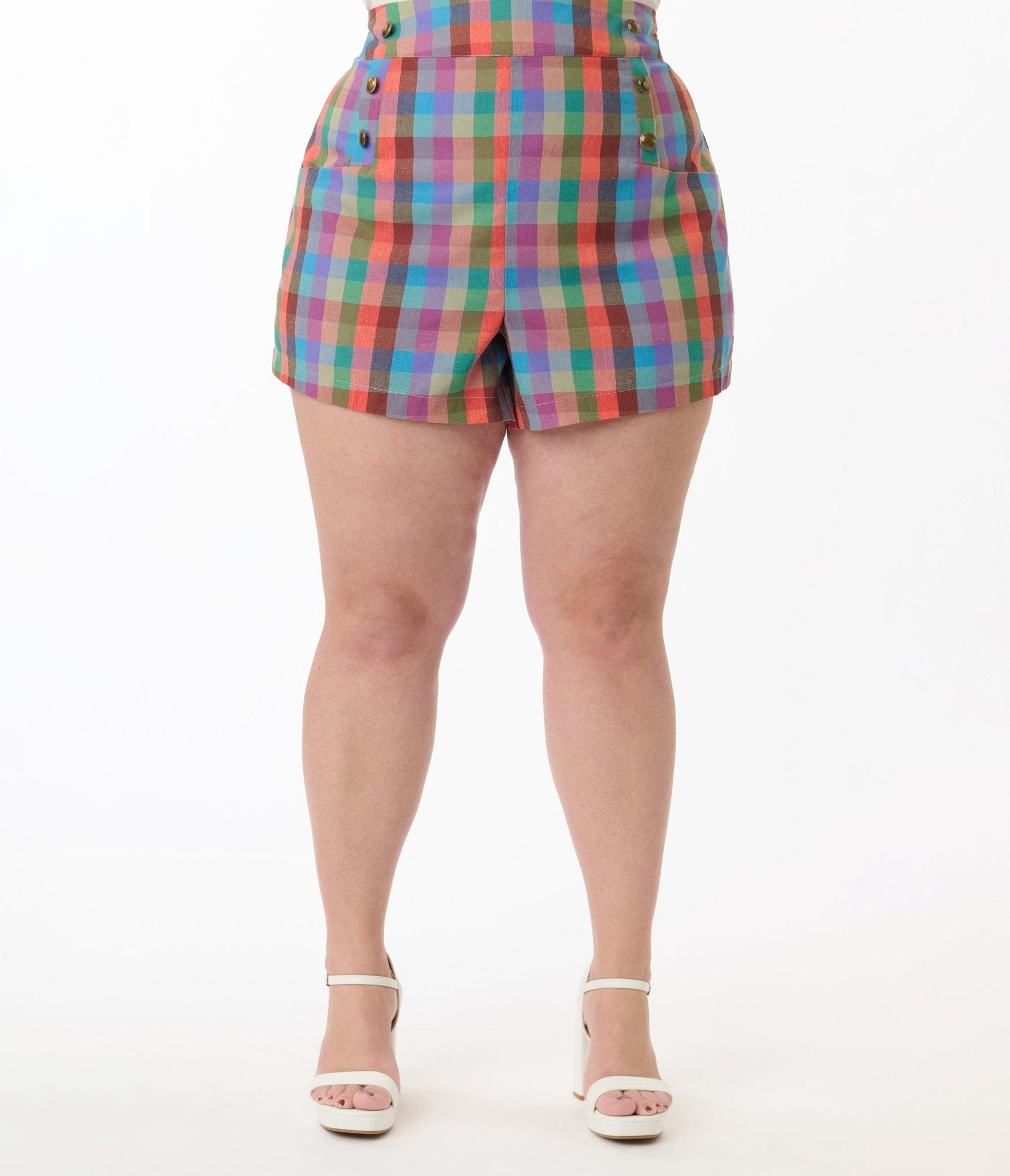 Unique Vintage Plus Size Rainbow Madras Plaid High Waist Sailor Debbie Shorts - Unique Vintage - Womens, BOTTOMS, SHORTS