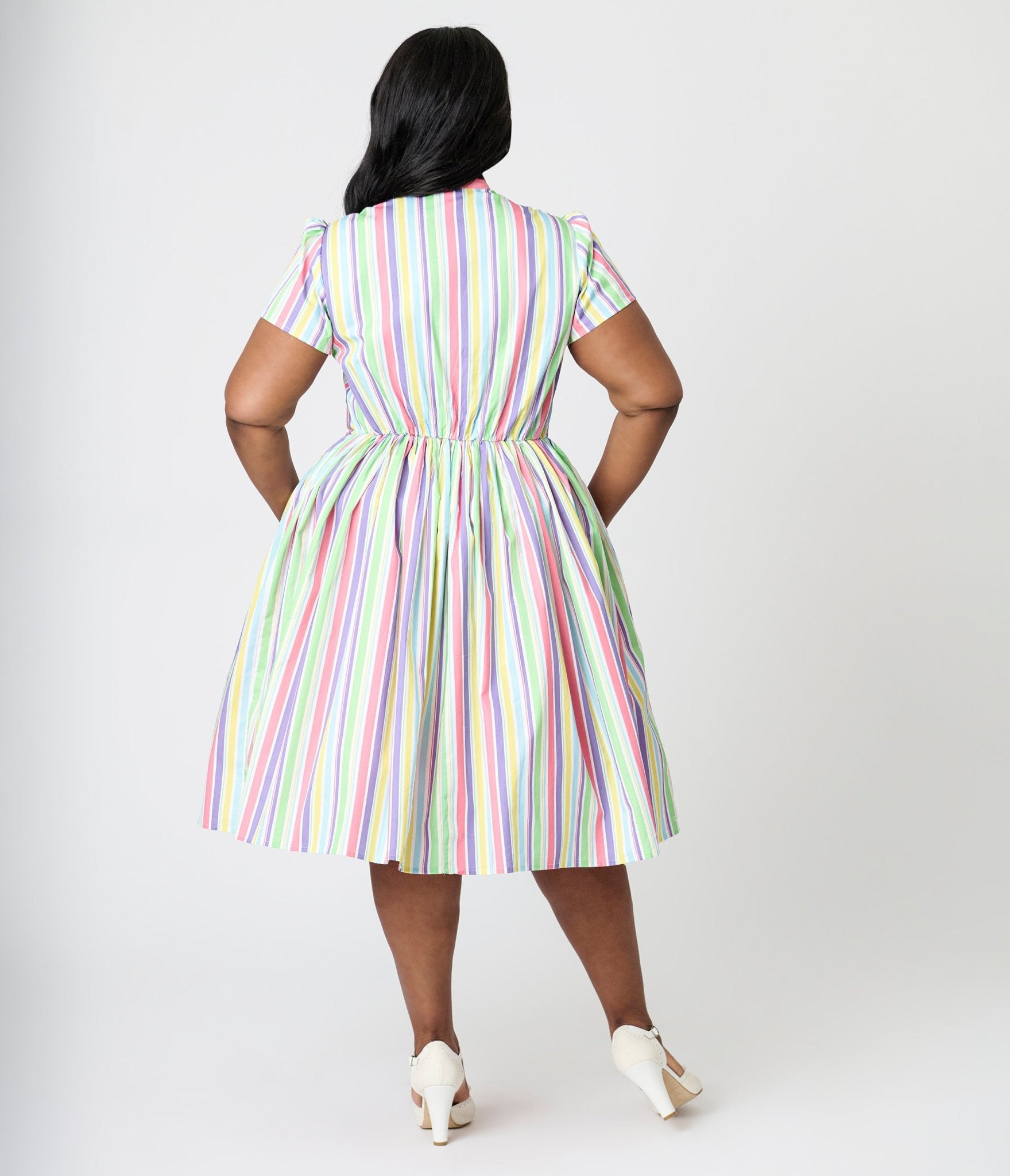 Unique Vintage Plus Size Rainbow Pastel Stripe Dapper Dan Bow Swing Dress - Unique Vintage - Womens, DRESSES, SWING