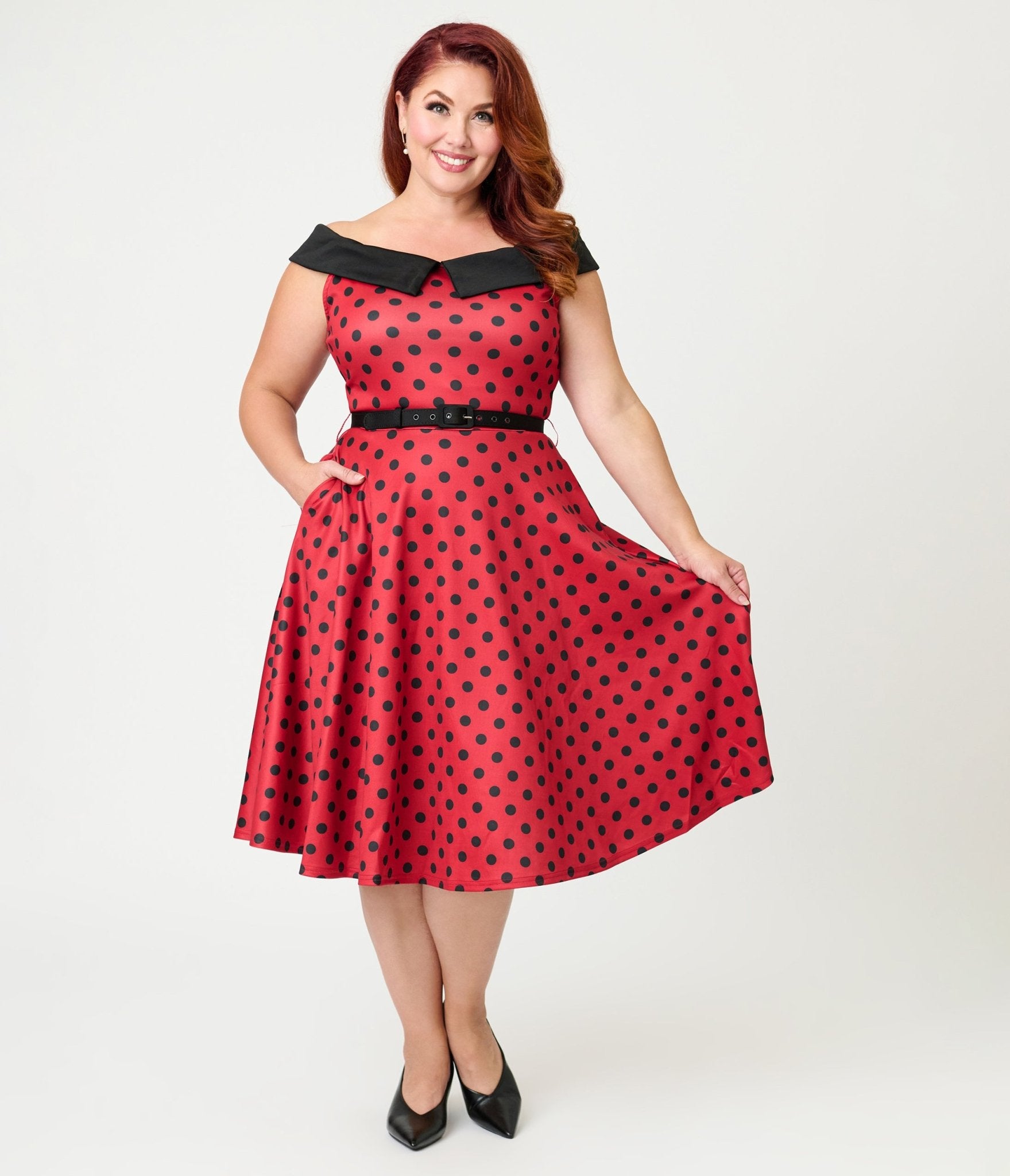 Unique Vintage Plus Size Red & Black Polka Dot Off the Shoulder Swing Dress - Unique Vintage - Womens, DRESSES, SWING