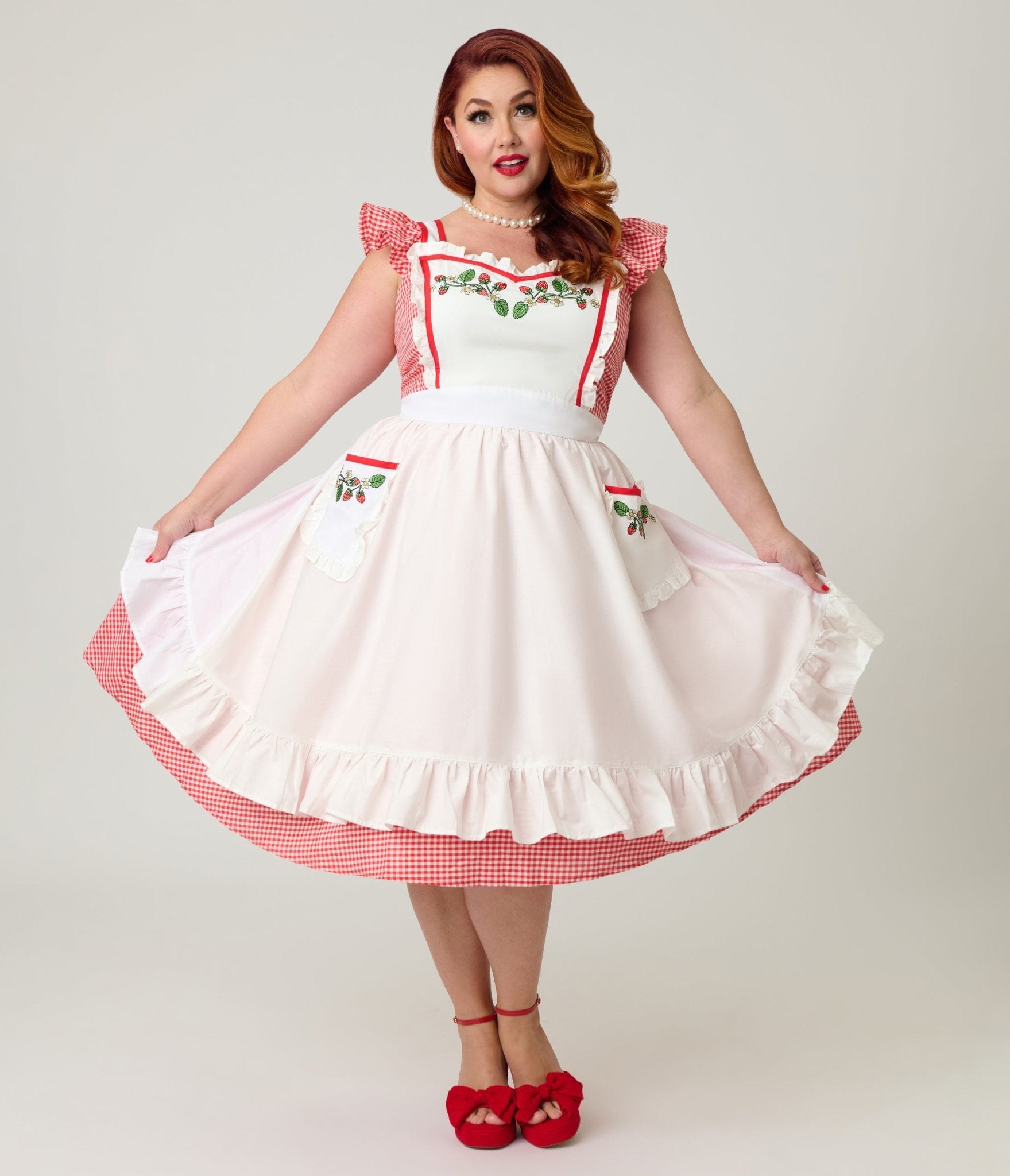 strapless open back dress Unique Vintage Plus Size Red Gingham & White Ruffled Apron Swing Dress