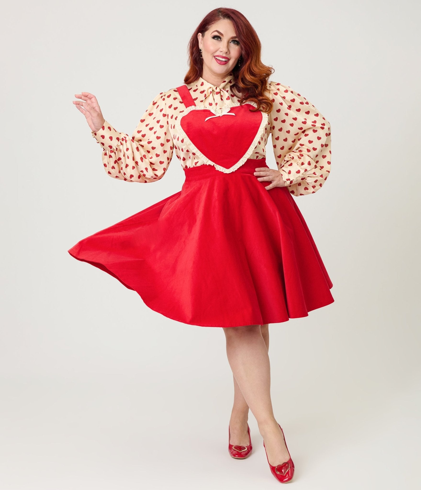 open lace back dress Unique Vintage Plus Size Red Heart Bib Pinafore Skirt