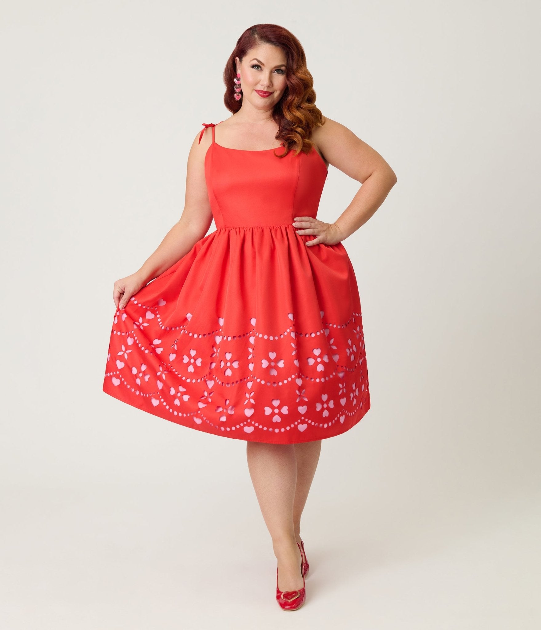 Unique Vintage Plus Size Red & Pink Hearts Cutout Swing Dress