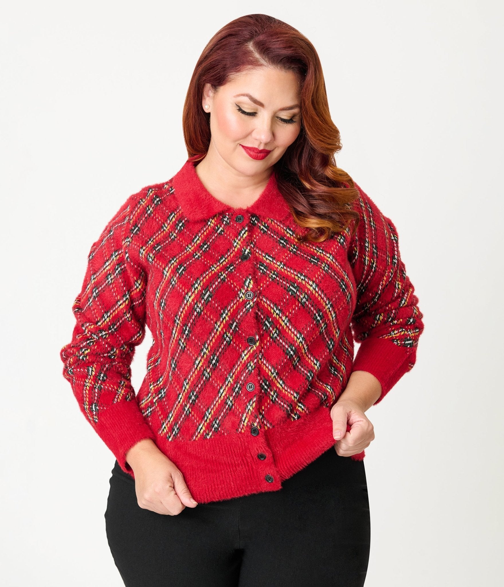 Unique Vintage Plus Size Red Plaid Long Sleeve Cardigan - Unique Vintage - Womens, TOPS, SWEATERS