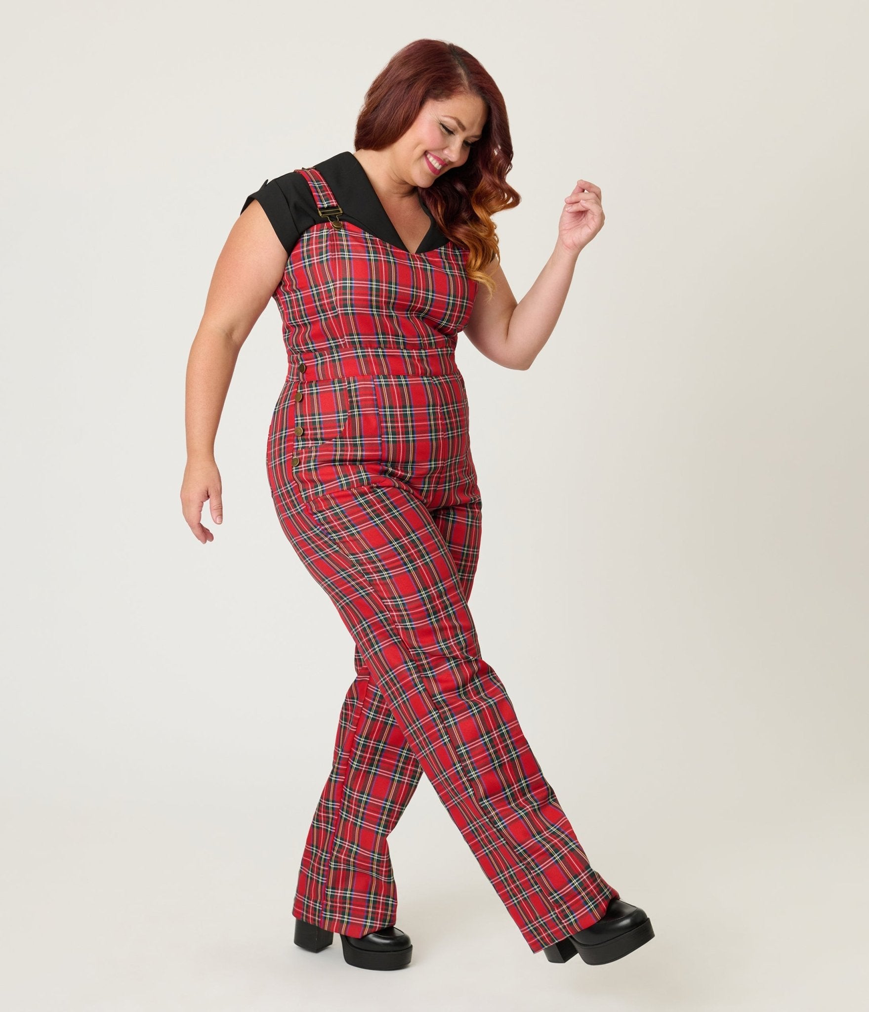 Unique Vintage Plus Size Red Plaid Wide Leg Overalls Unique Vintage Plus Size Red Plaid Wide Leg Overalls