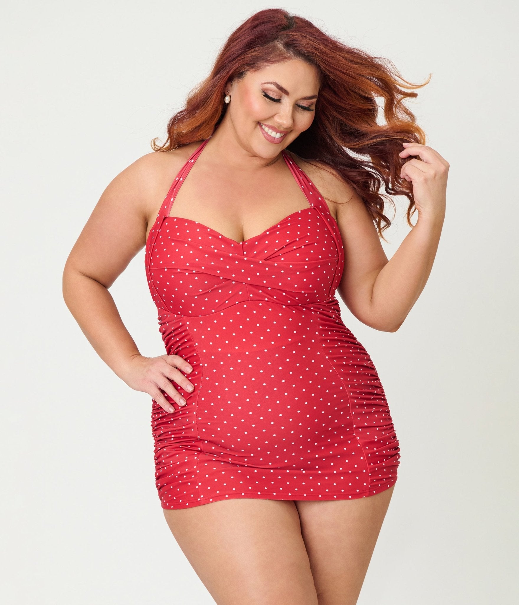 Unique Vintage Plus Size Red & White Dot Corinne Sheath Swimsuit