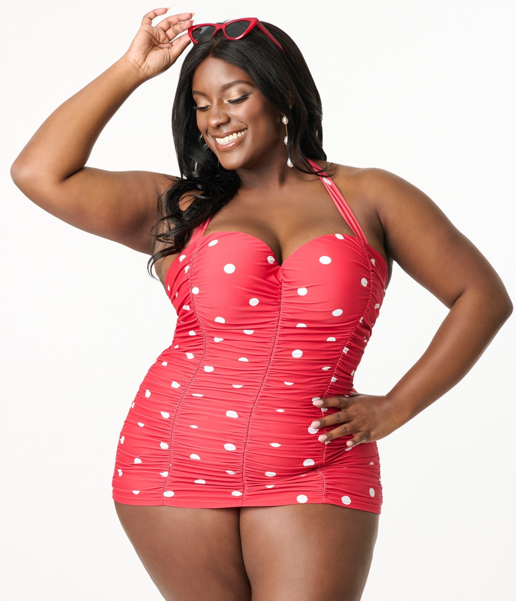 Unique Vintage Plus Size Red White Polka Dot Mansfield Halter One Pi