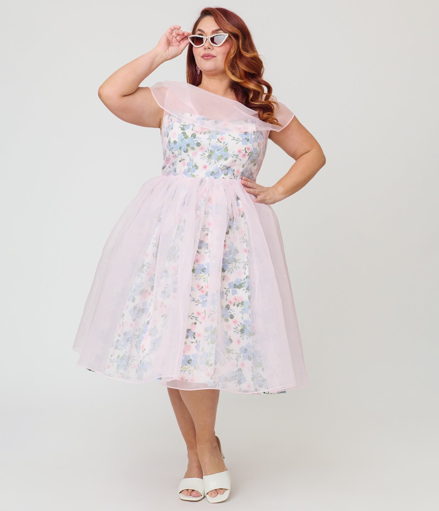 Unique Vintage Plus Size Sheer Pink Chiffon & Rose Modern Art Swing Dress Unique Vintage Plus Size Sheer Pink Chiffon & Rose Modern Art Swing Dress
