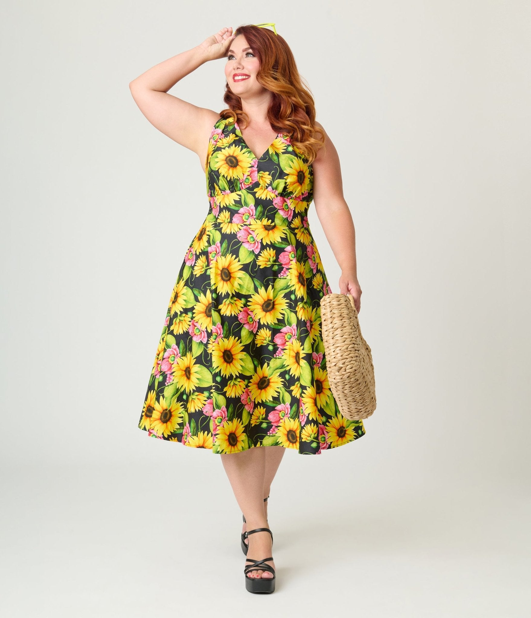 Unique Vintage Plus Size Sunflower Cotton Halter Swing Dress