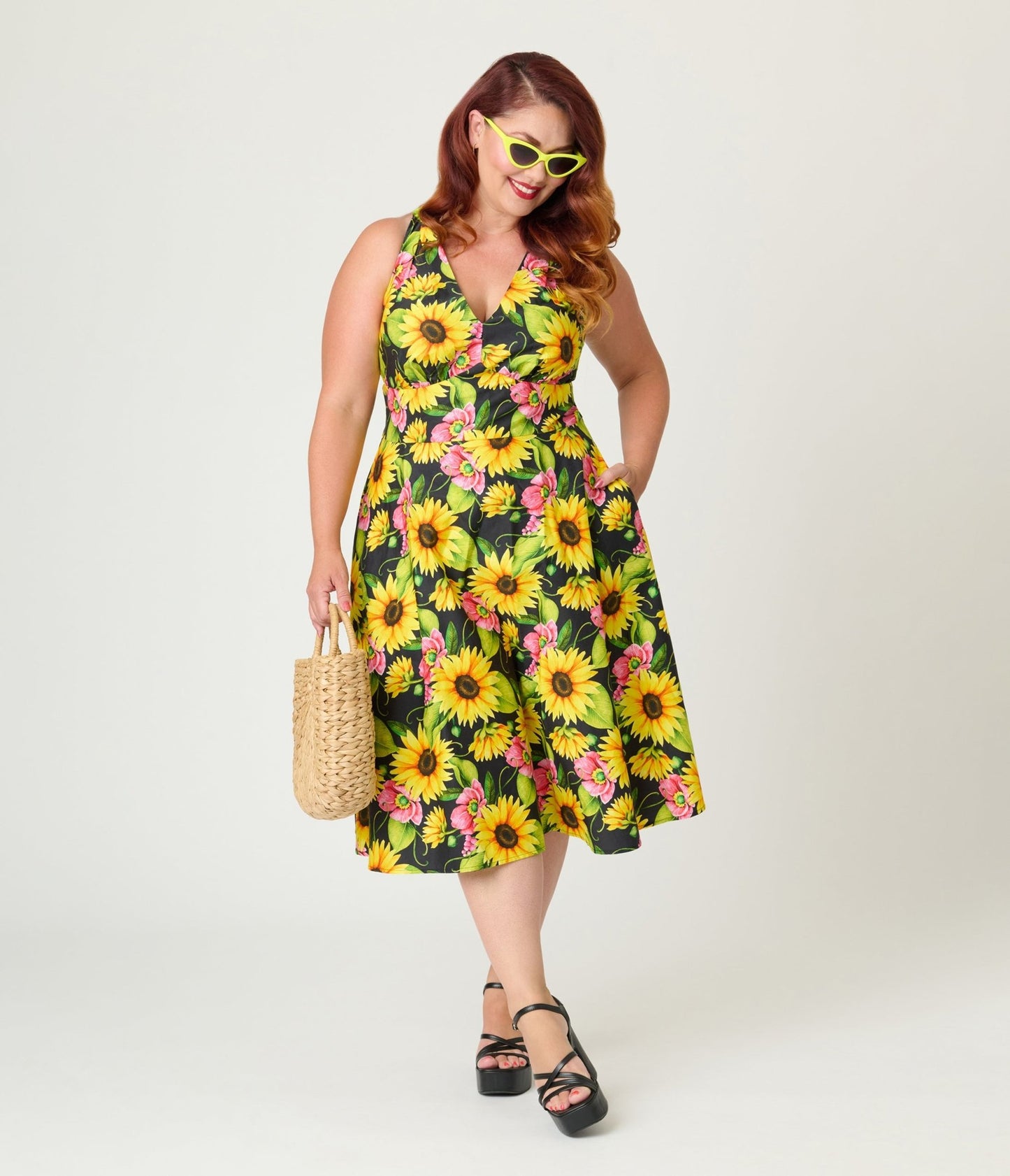 Unique Vintage Plus Size Sunflower Cotton Halter Swing Dress - Unique Vintage - Womens, DRESSES, SWING
