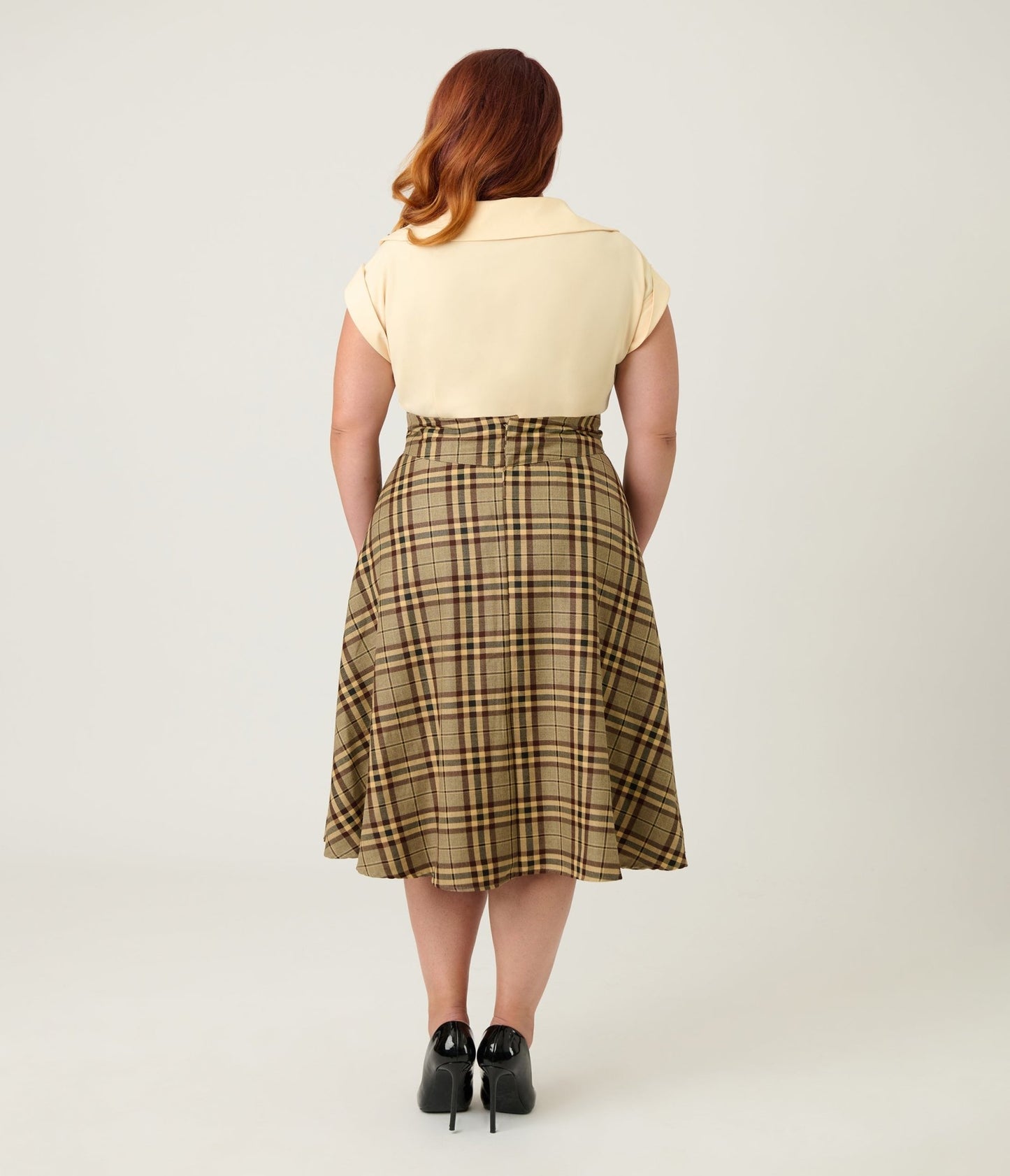 Unique Vintage Plus Size Tan Plaid Vivian Swing Skirt - Unique Vintage - Womens, BOTTOMS, SKIRTS