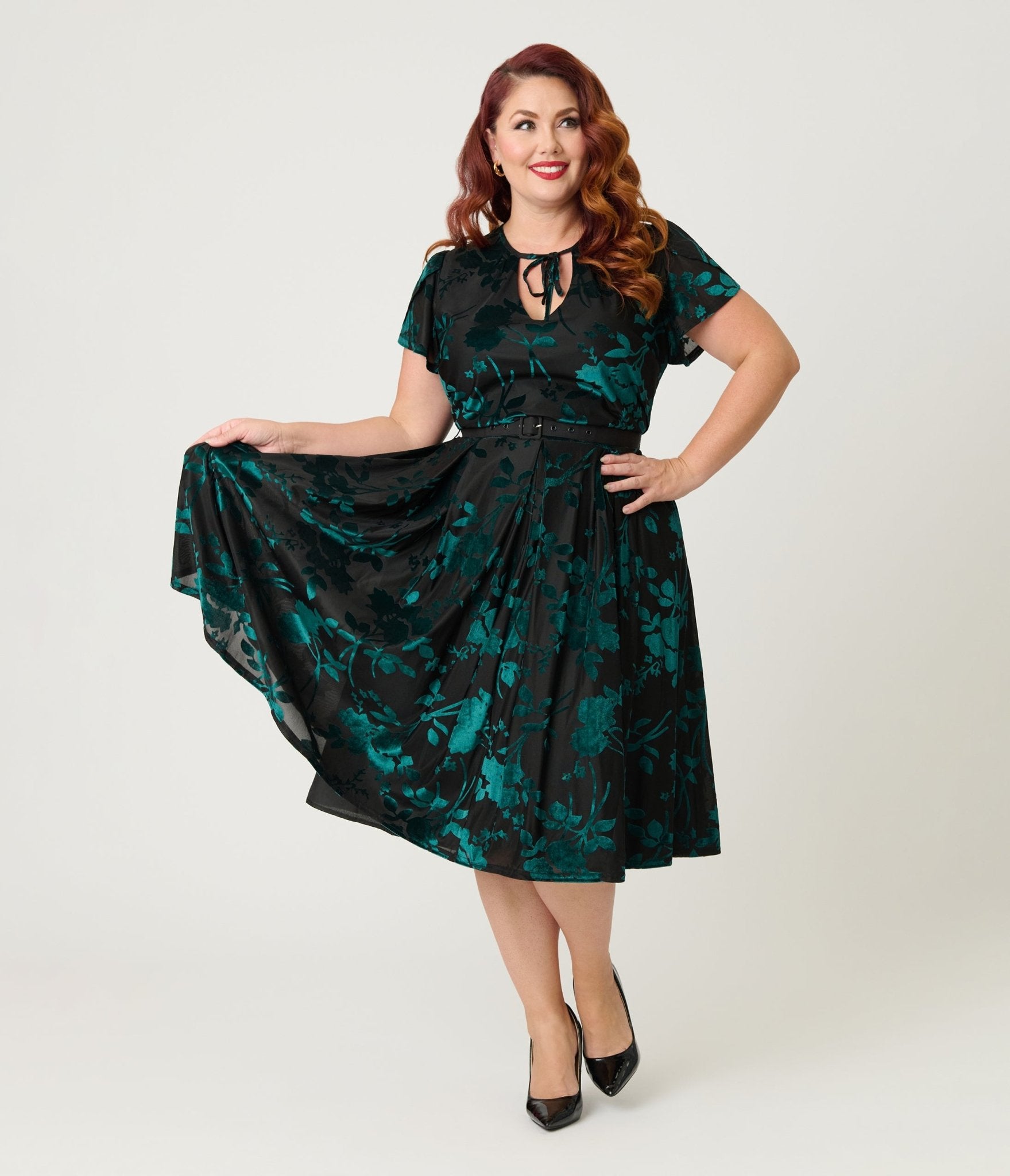 Unique Vintage Plus Size Teal Floral Velvet Burnout Dahlia Swing Dress