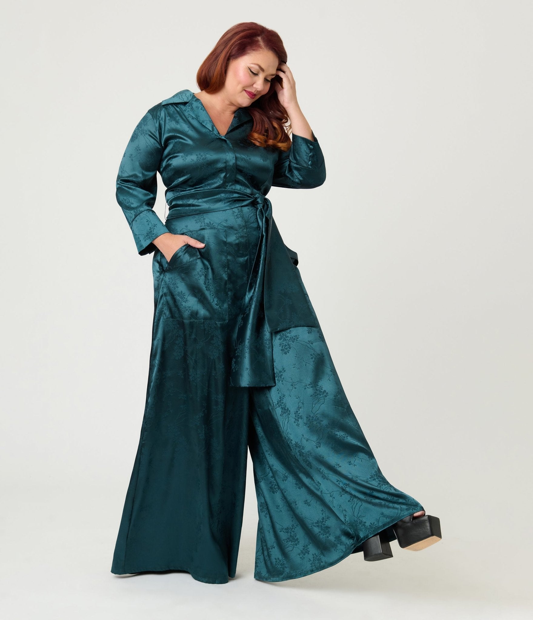 Unique Vintage Plus Size Teal Jacquard Satin Flare Jumpsuit