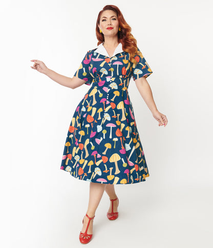 Unique Vintage Plus Size Teal & Multicolor Mushroom Swing Dress - Unique Vintage - Womens, DRESSES, SWING