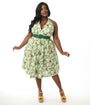 Unique Vintage Plus Size White & Green Floral Tarrytown Hostess Dress