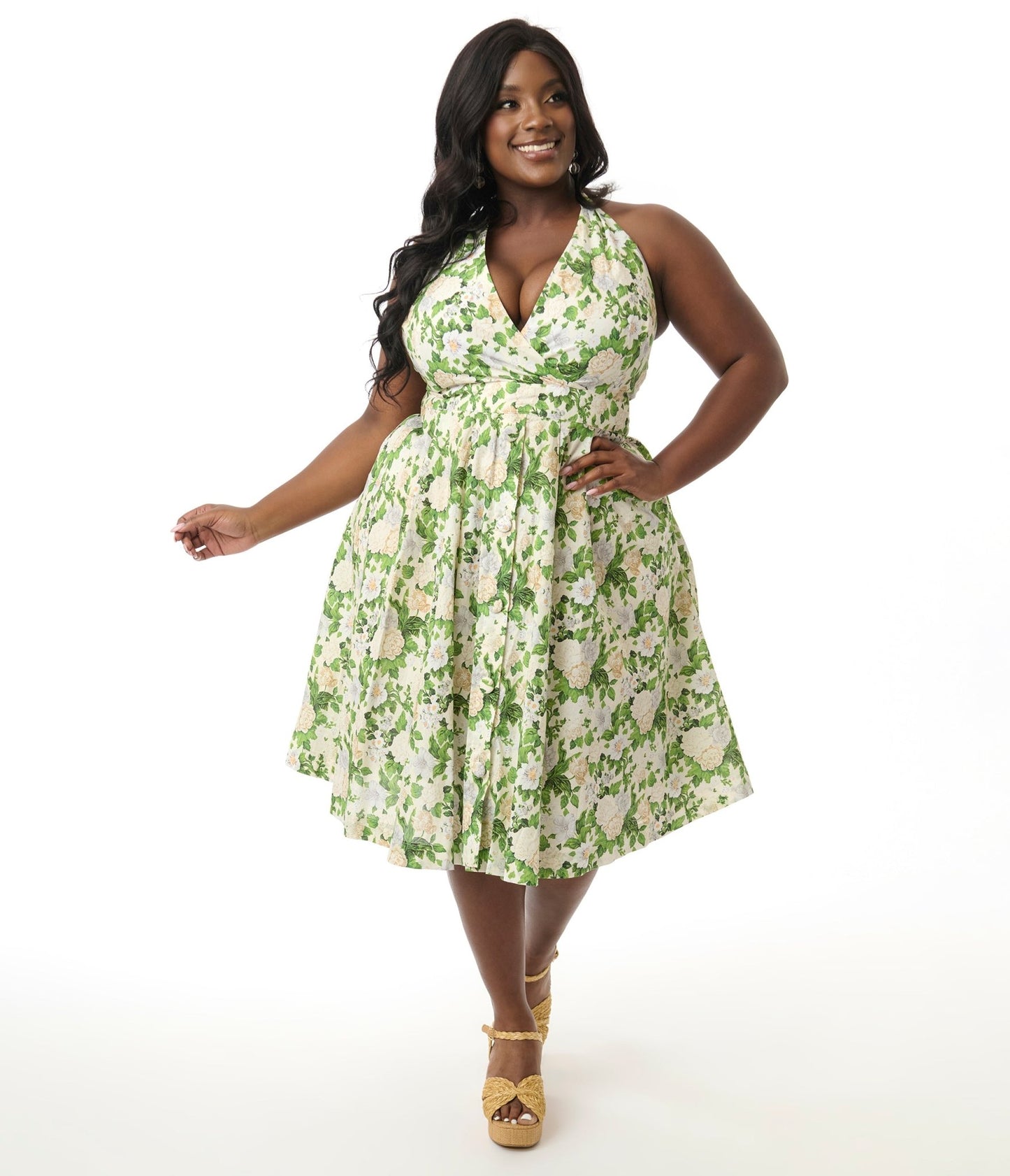 Unique Vintage Plus Size White & Green Floral Tarrytown Hostess Dress - Unique Vintage - Womens, DRESSES, SWING