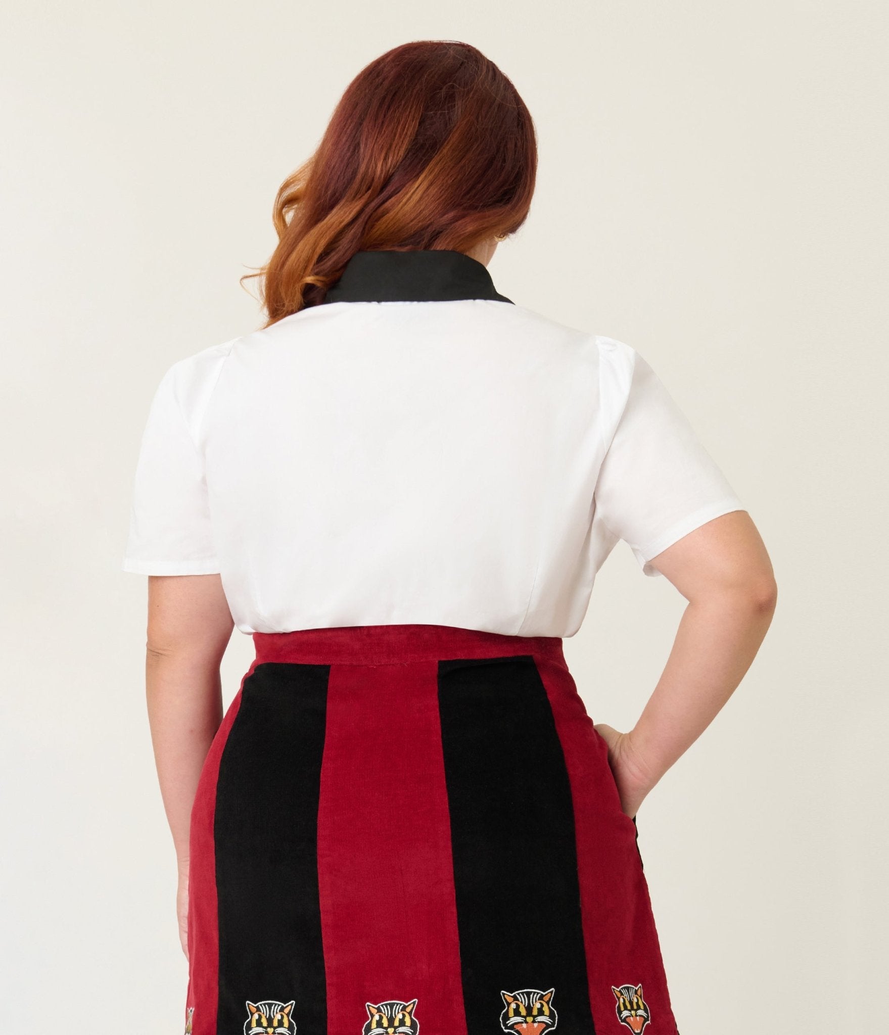 Unique Vintage Plus Size White Spooky Cat Pocket Collared Blouse - Unique Vintage - Womens, TOPS, WOVEN TOPS