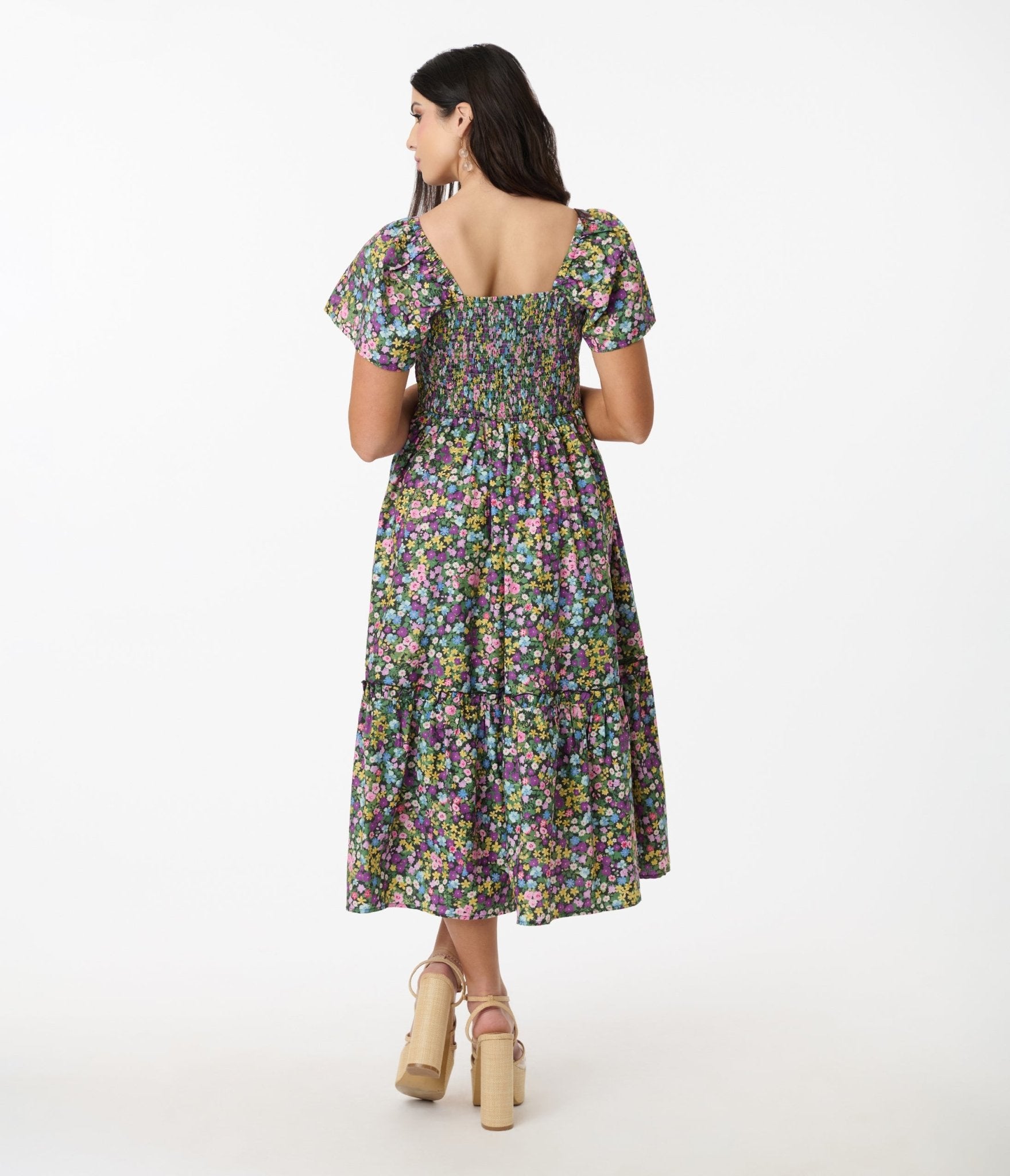 Unique Vintage Purple Ditsy Floral Smocked Bodice Midi Dress - Unique Vintage - Womens, DRESSES, MIDI