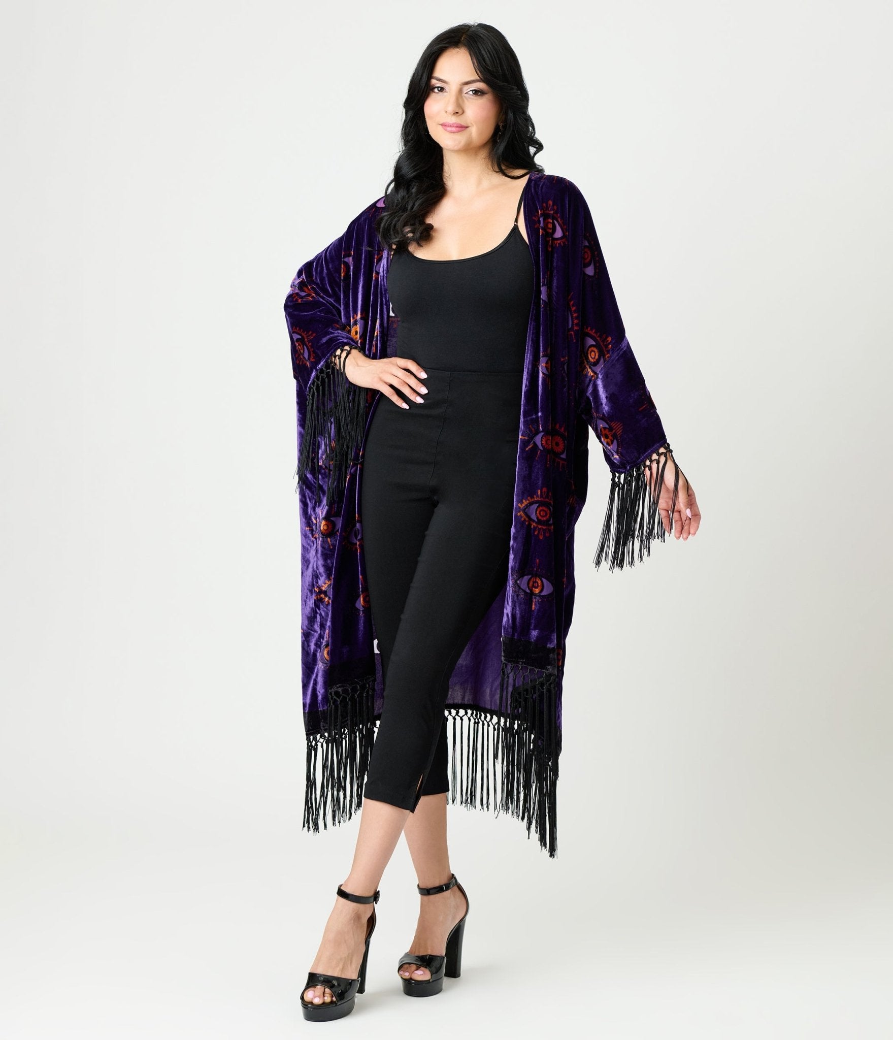 Unique Vintage Purple Evil Eye Burnout Fringe Kimono - Unique Vintage - Womens, FLAPPER, COATS