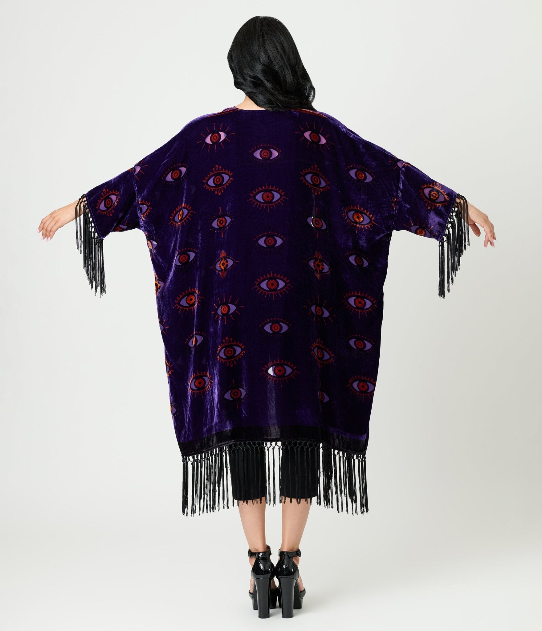 Unique Vintage Purple Evil Eye Burnout Fringe Kimono