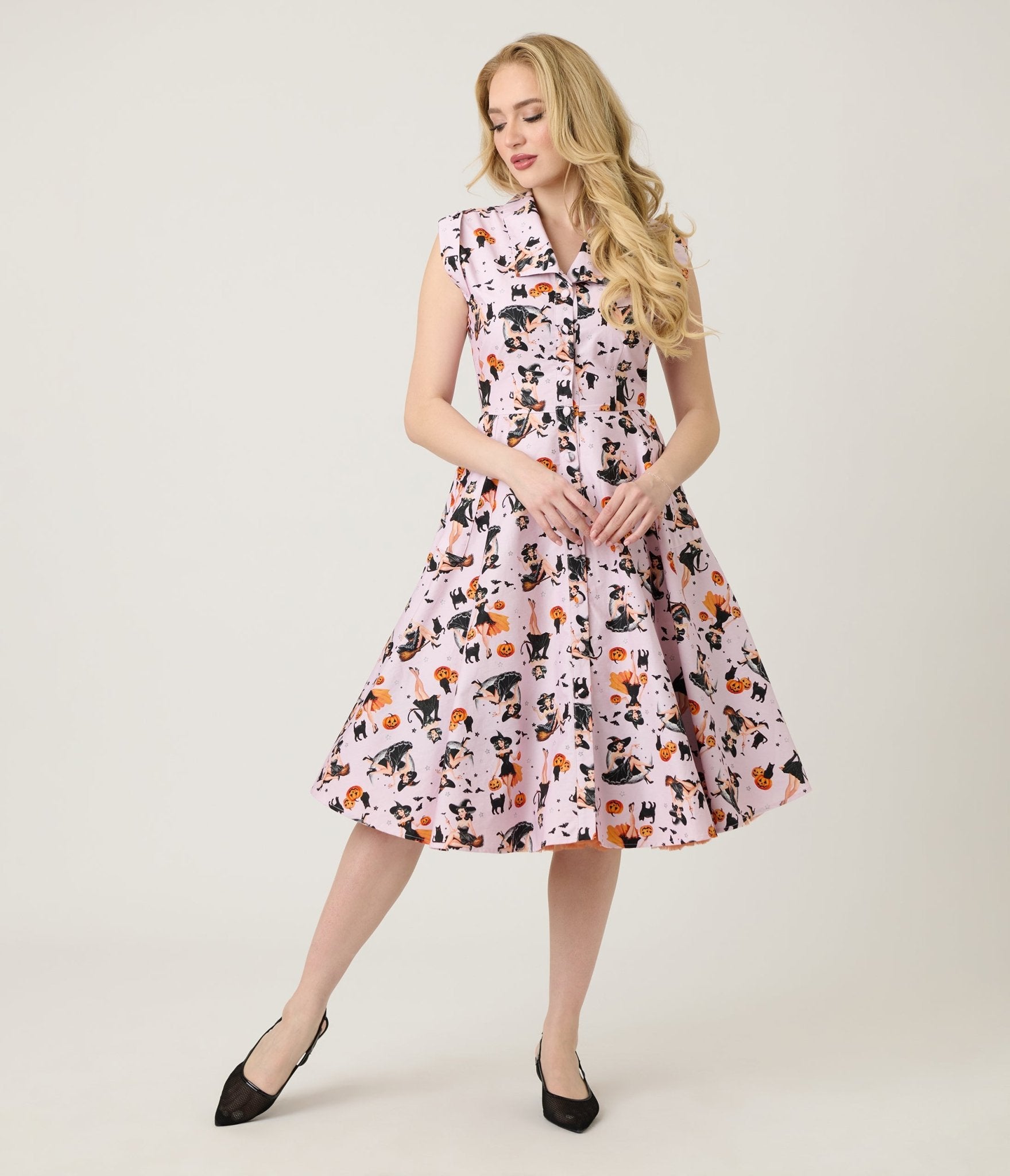 Unique Vintage Purple Pin - Up Witch Cotton Shirt Dress - Unique Vintage - Womens, DRESSES, SWING